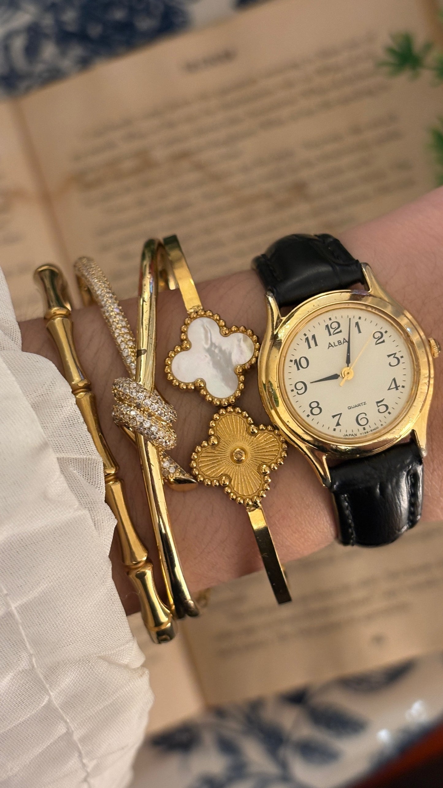 Vintage Alba by Seiko Minimalist Watch in Gold Tone Black Leather Quartz