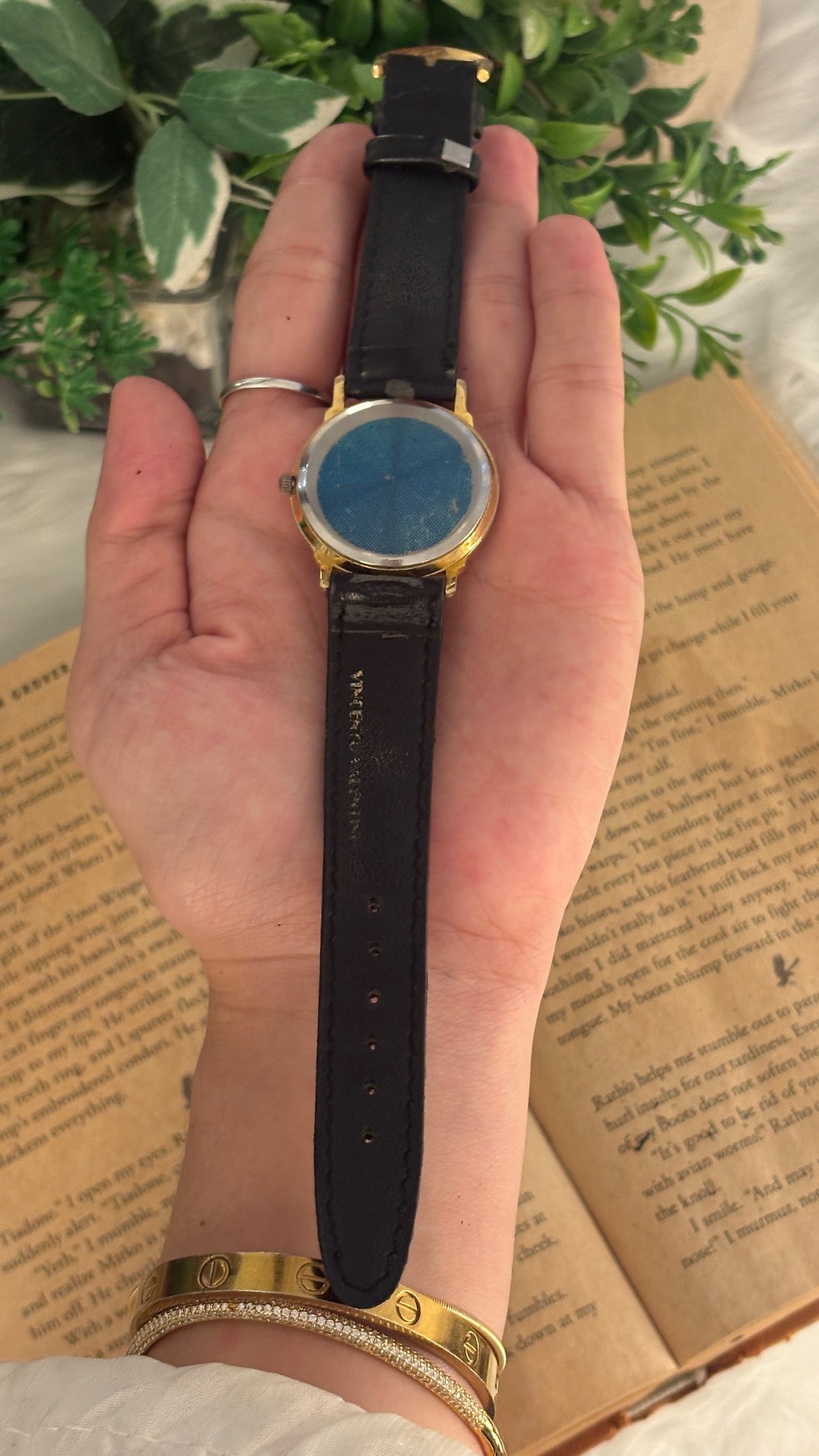 Vintage Vincenzo Valentino Marble Accent Dial Watch in Gold Tone Black Leather Quartz