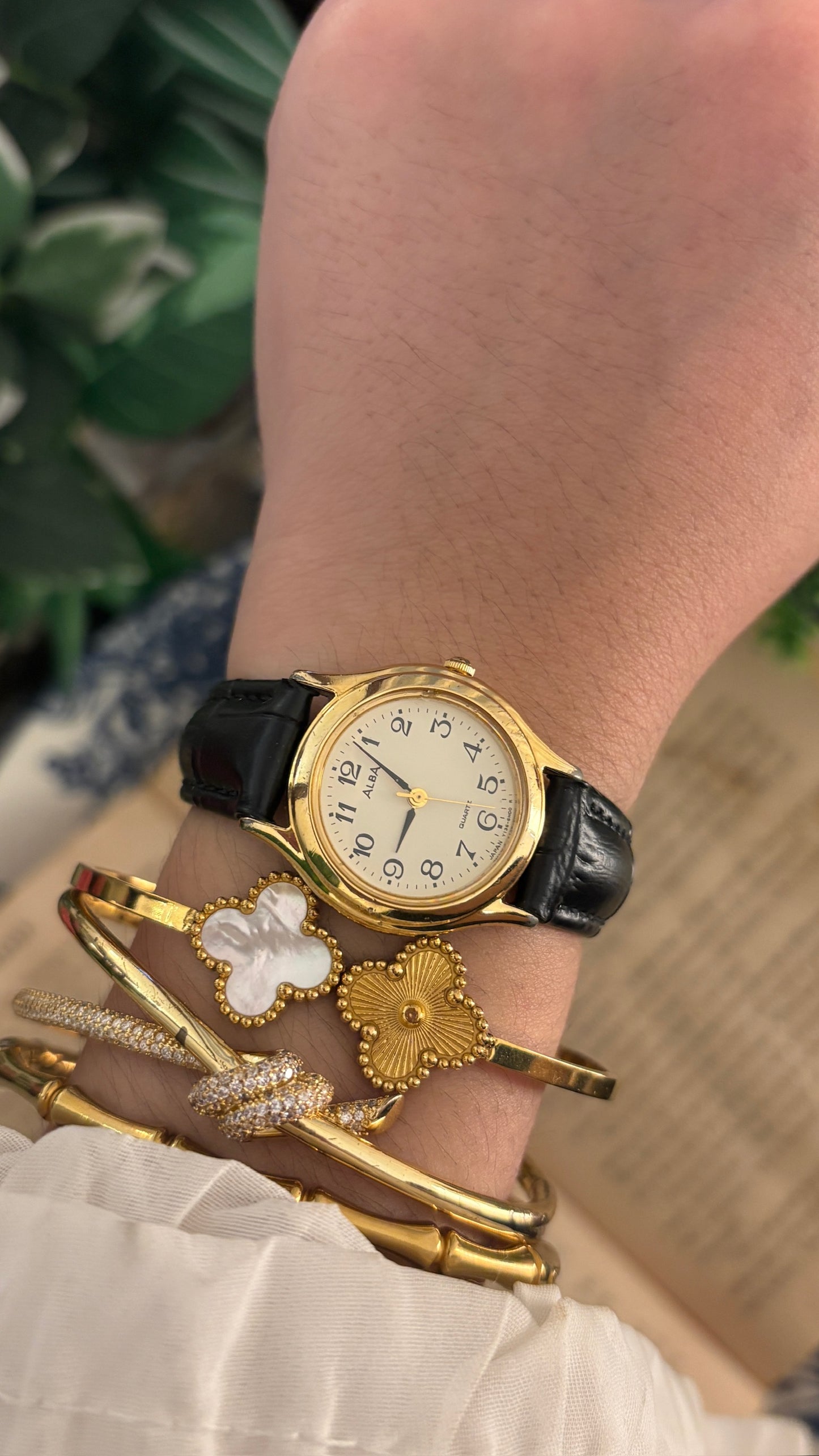 Vintage Alba by Seiko Minimalist Watch in Gold Tone Black Leather Quartz