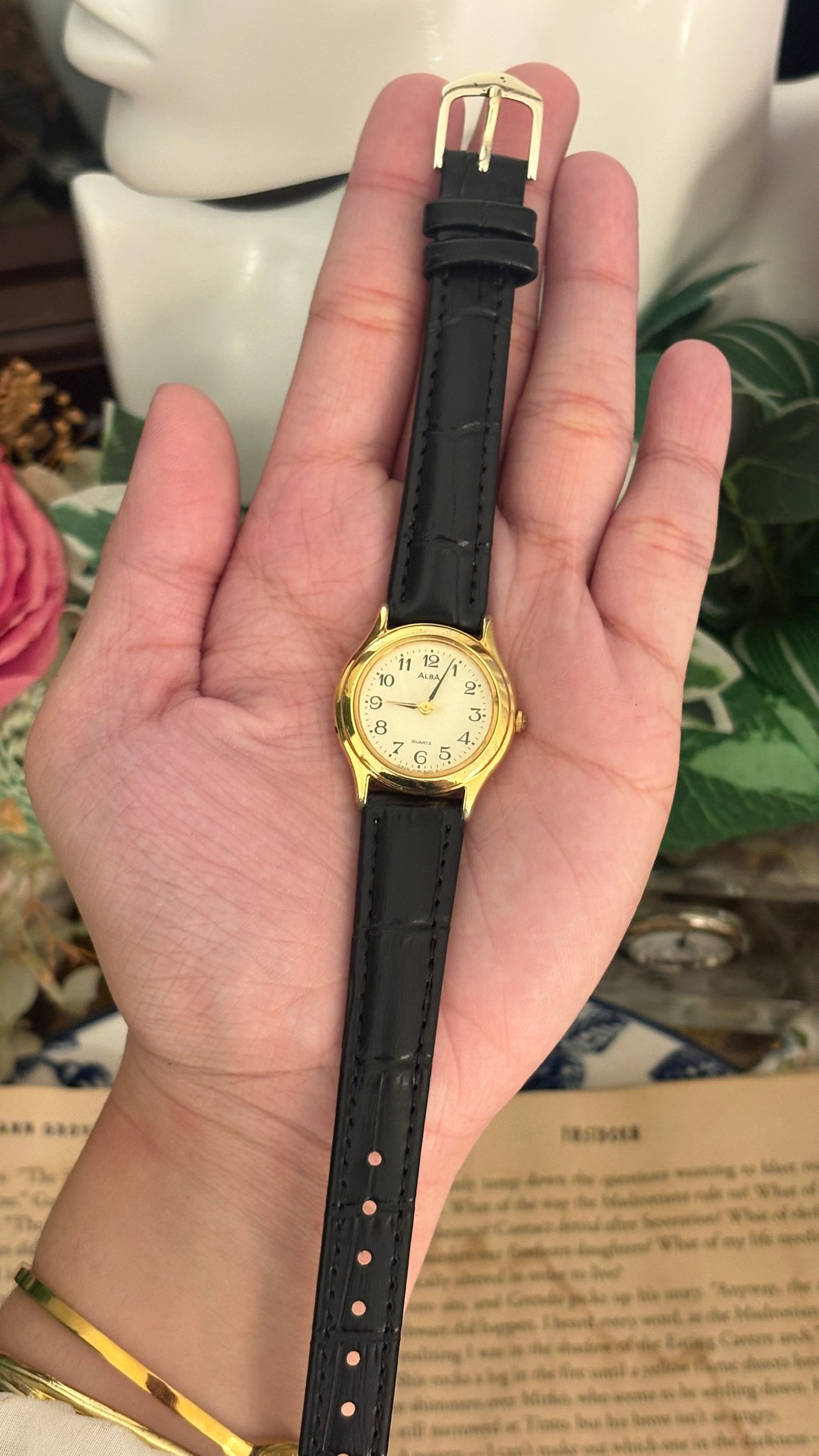 Vintage Alba by Seiko Minimalist Watch in Gold Tone Black Leather Quartz