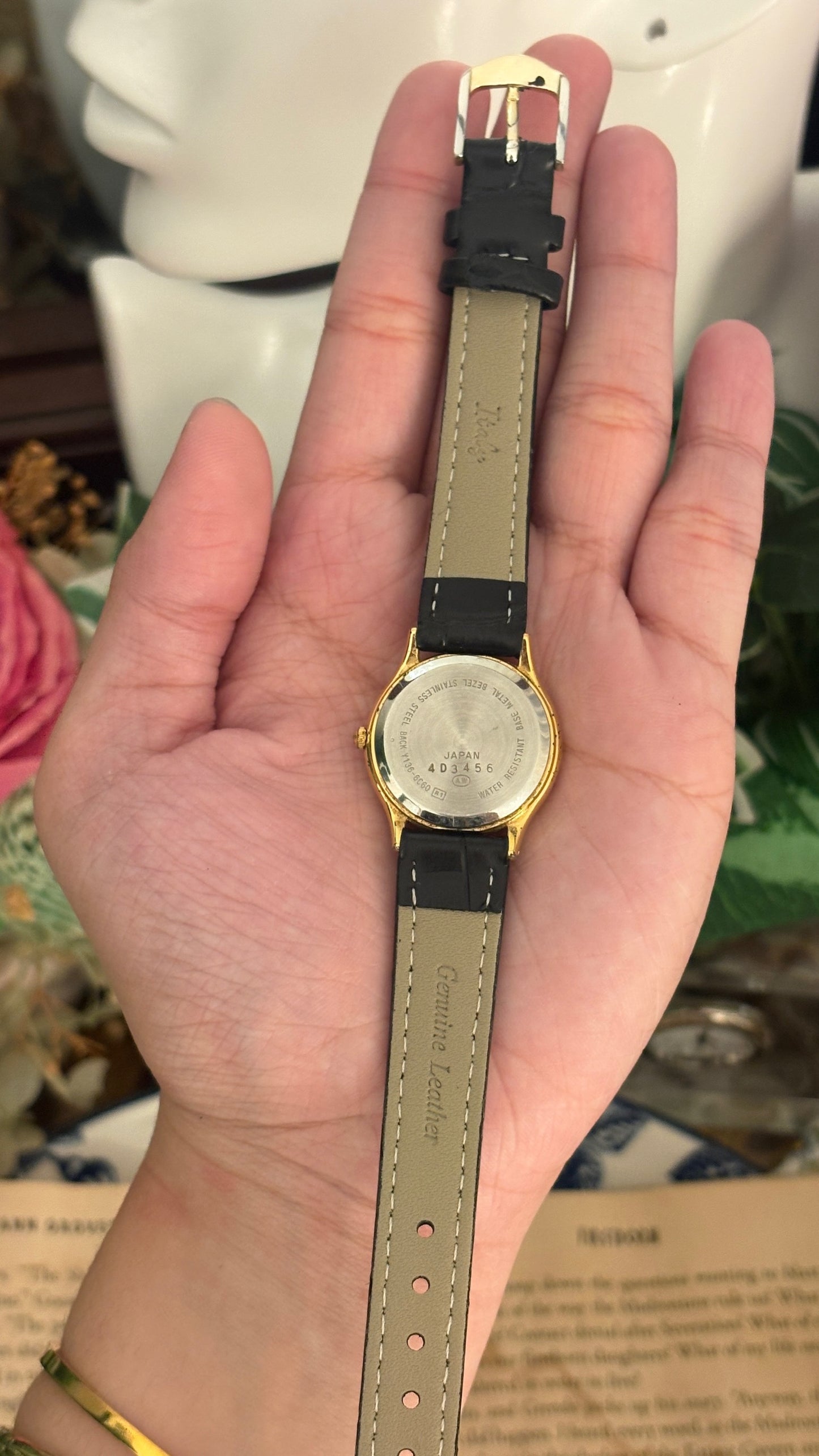 Vintage Alba by Seiko Minimalist Watch in Gold Tone Black Leather Quartz