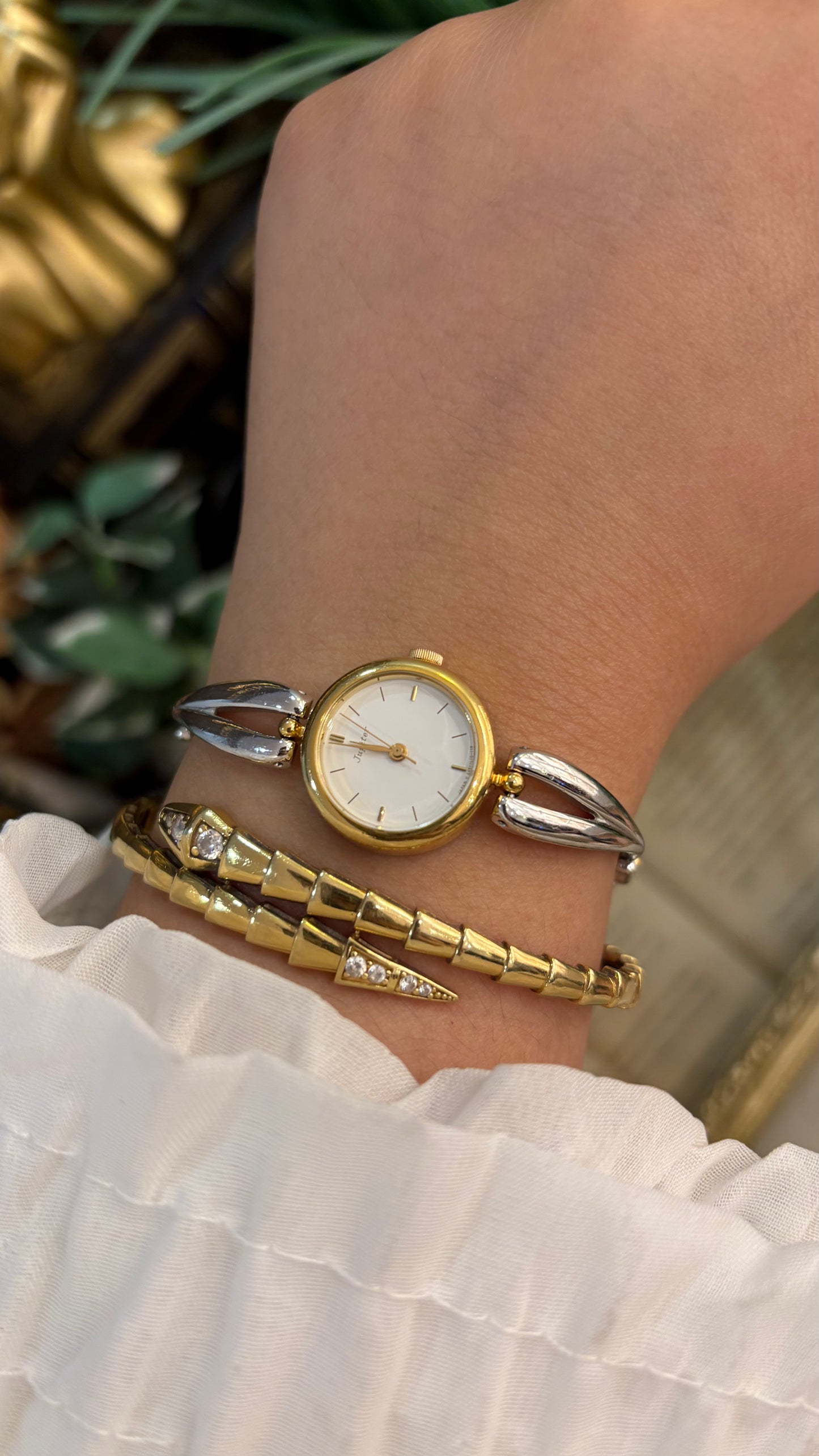 Vintage Dainty Jupiter by Orient Semi-Bangle Diamond Bracelet Watch in Two-tone Quartz