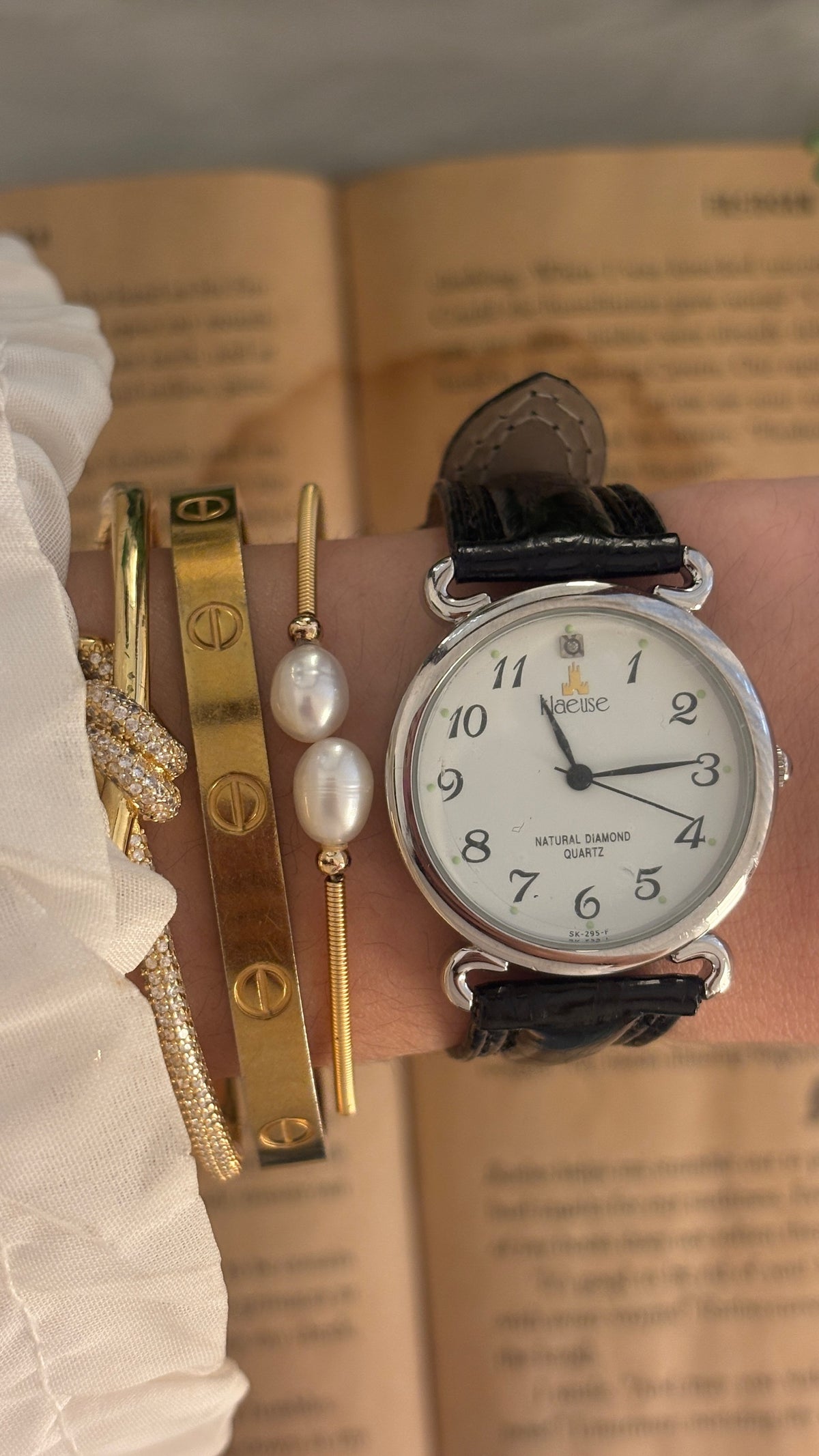 Vintage Klaeuse Natural Diamond Accent Classic Watch in Silver Tone Black Leather Quartz