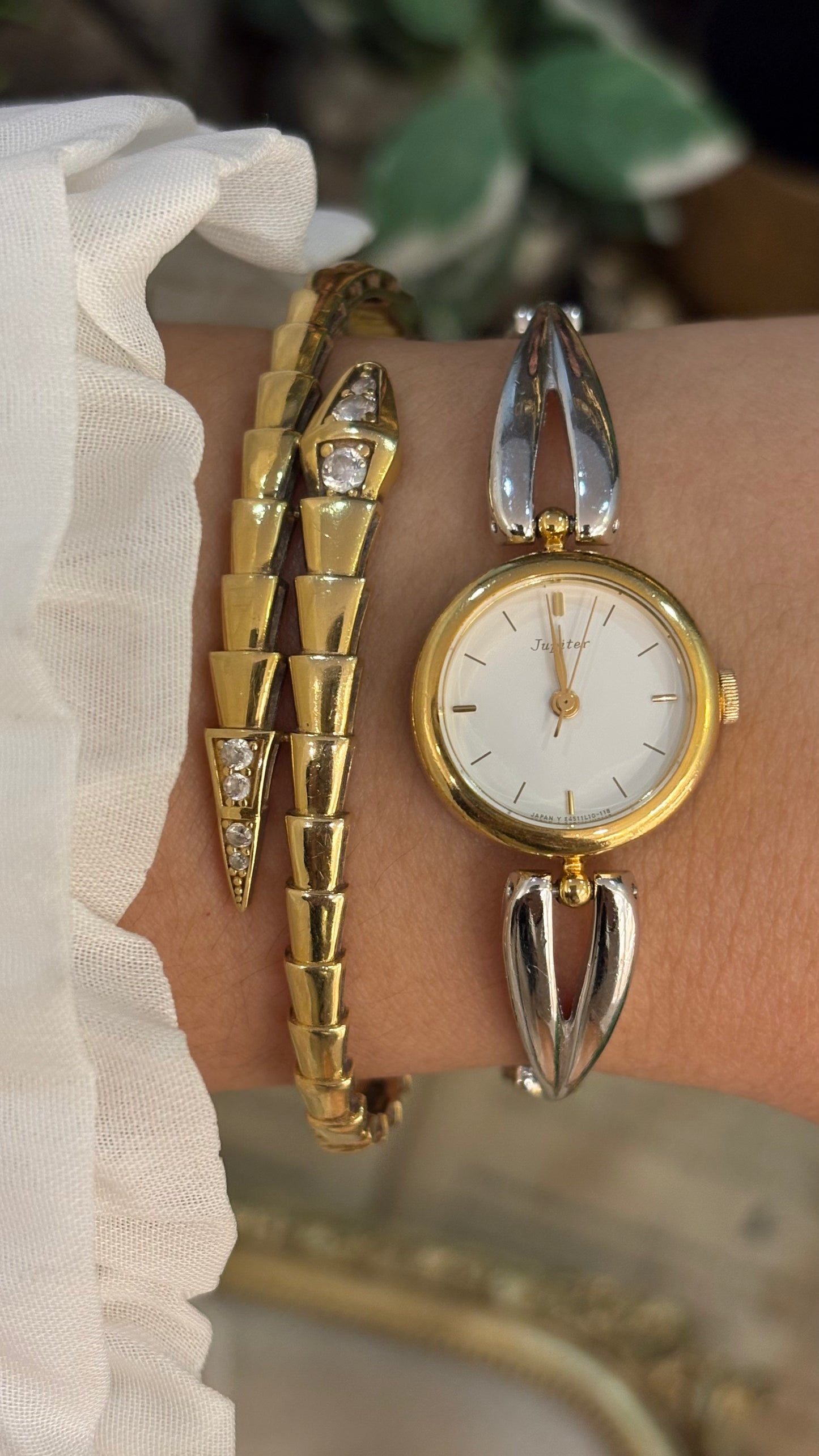 Vintage Dainty Jupiter by Orient Semi-Bangle Diamond Bracelet Watch in Two-tone Quartz