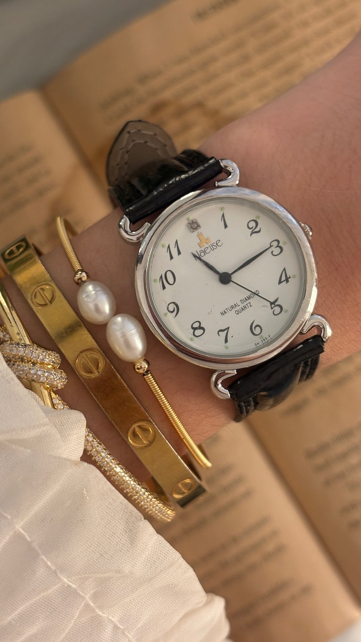 Vintage Klaeuse Natural Diamond Accent Classic Watch in Silver Tone Black Leather Quartz