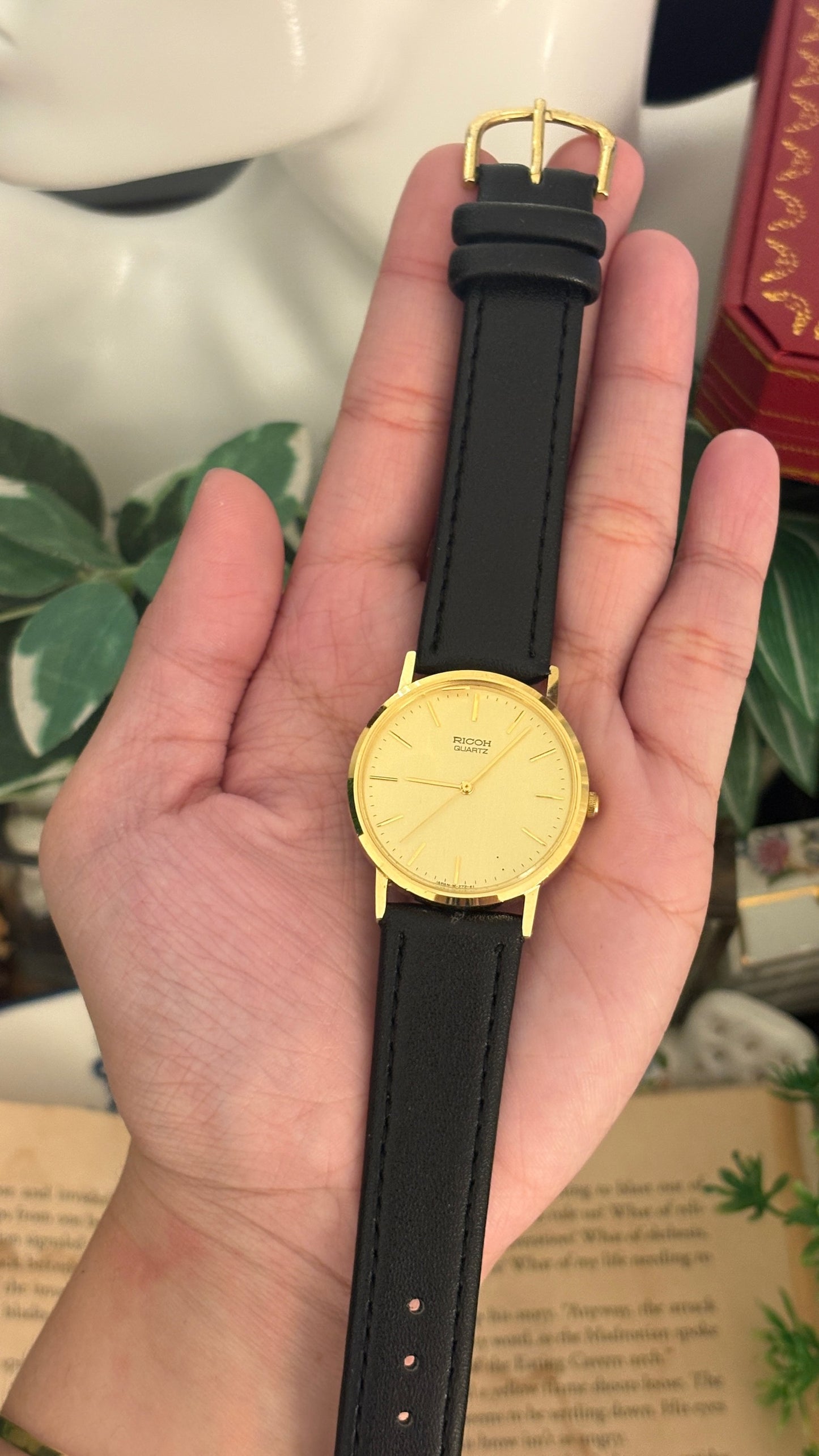 Rare Vintage Ricoh Minimalist Mens Watch in Gold Tone Quartz