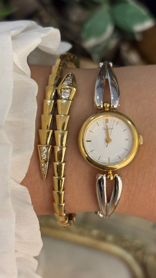 Vintage Dainty Jupiter by Orient Semi-Bangle Diamond Bracelet Watch in Two-tone Quartz