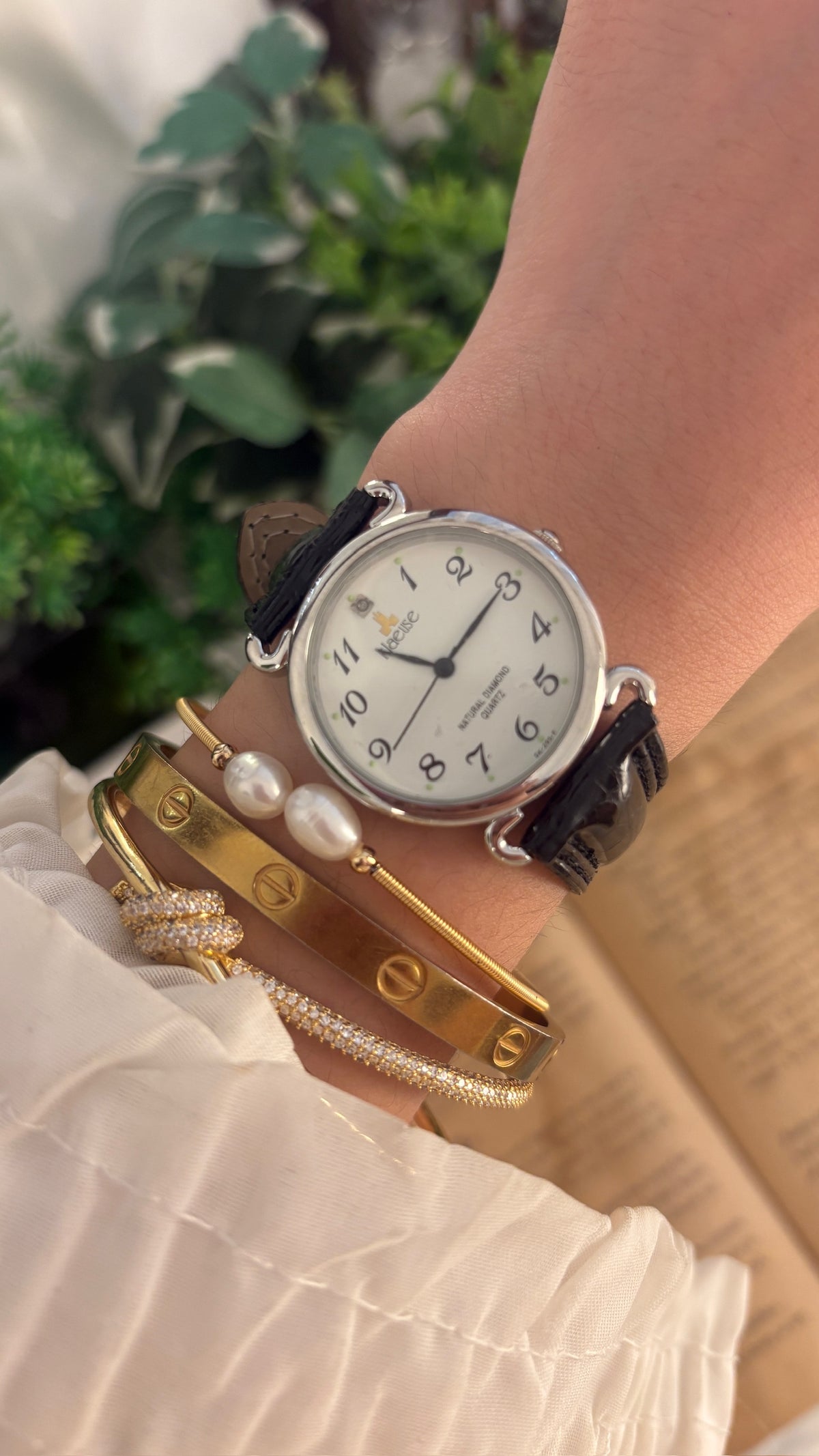 Vintage Klaeuse Natural Diamond Accent Classic Watch in Silver Tone Black Leather Quartz