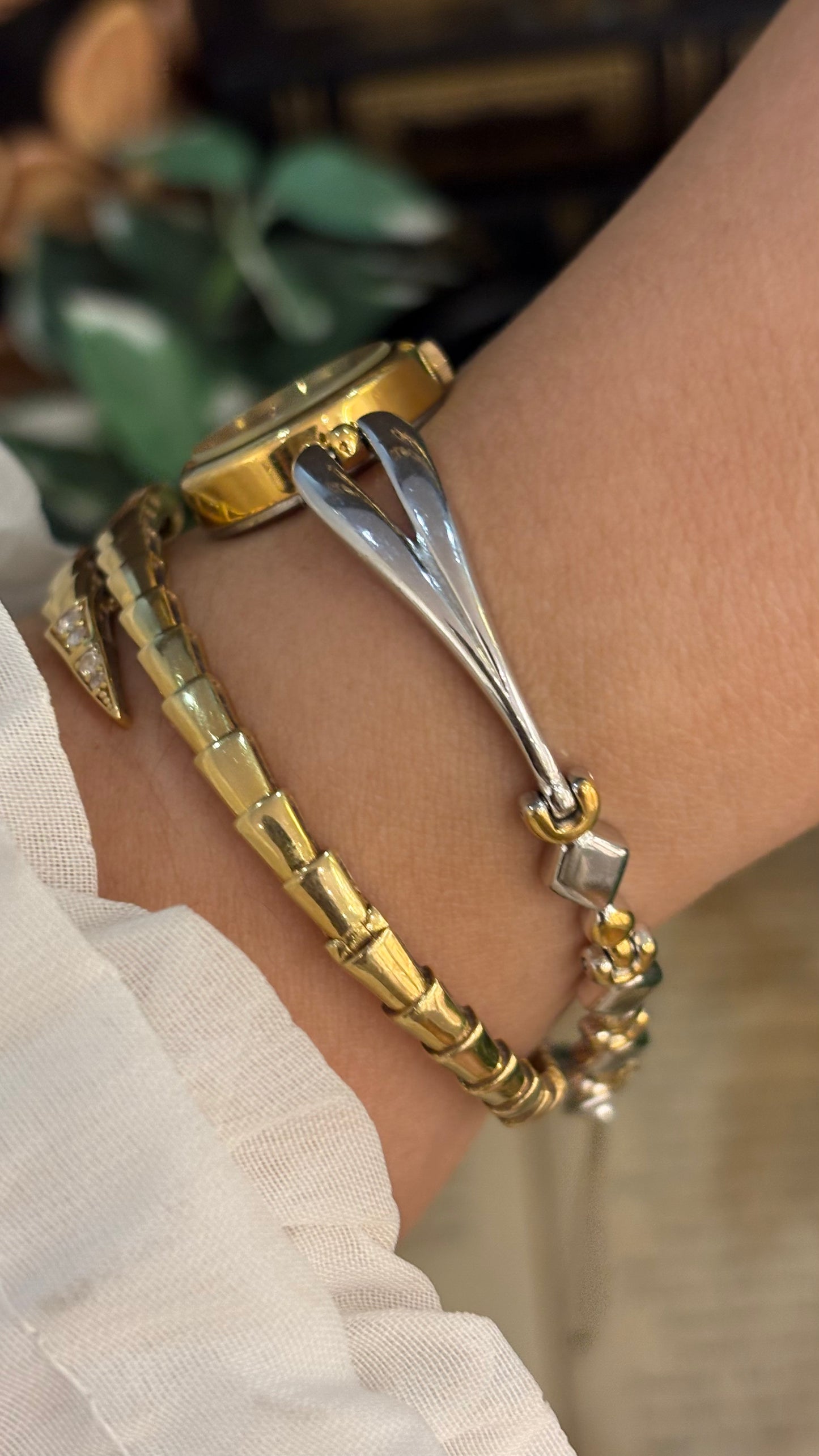 Vintage Dainty Jupiter by Orient Semi-Bangle Diamond Bracelet Watch in Two-tone Quartz