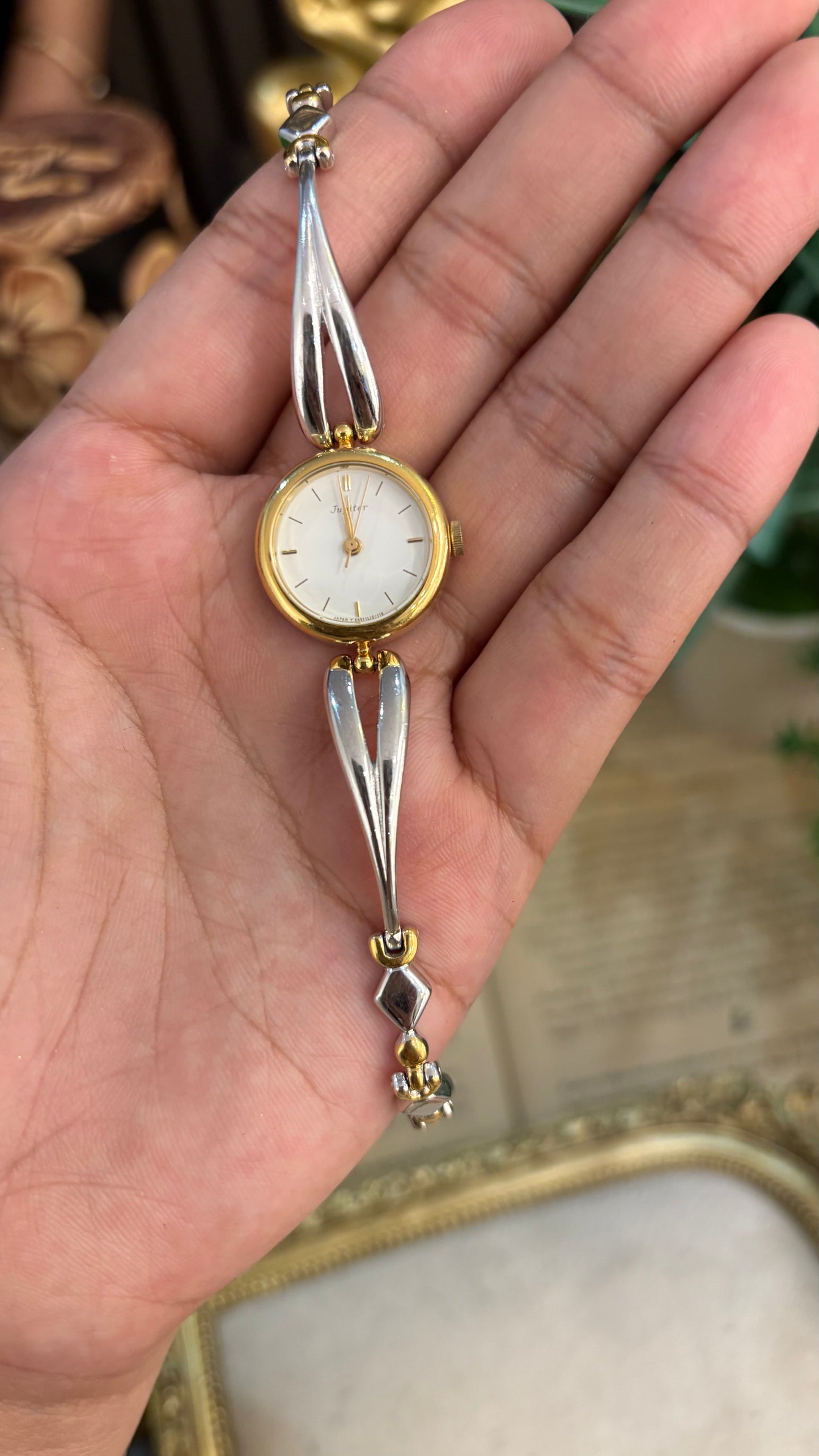 Vintage Dainty Jupiter by Orient Semi-Bangle Diamond Bracelet Watch in Two-tone Quartz