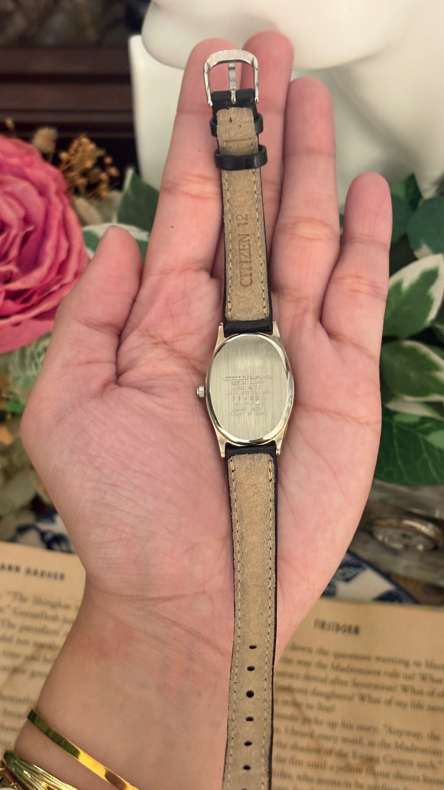 Rare Vintage Citizen Eco-drive Oval Case Rhinestone Accents Watch in Silver Tone Black Leather Quartz