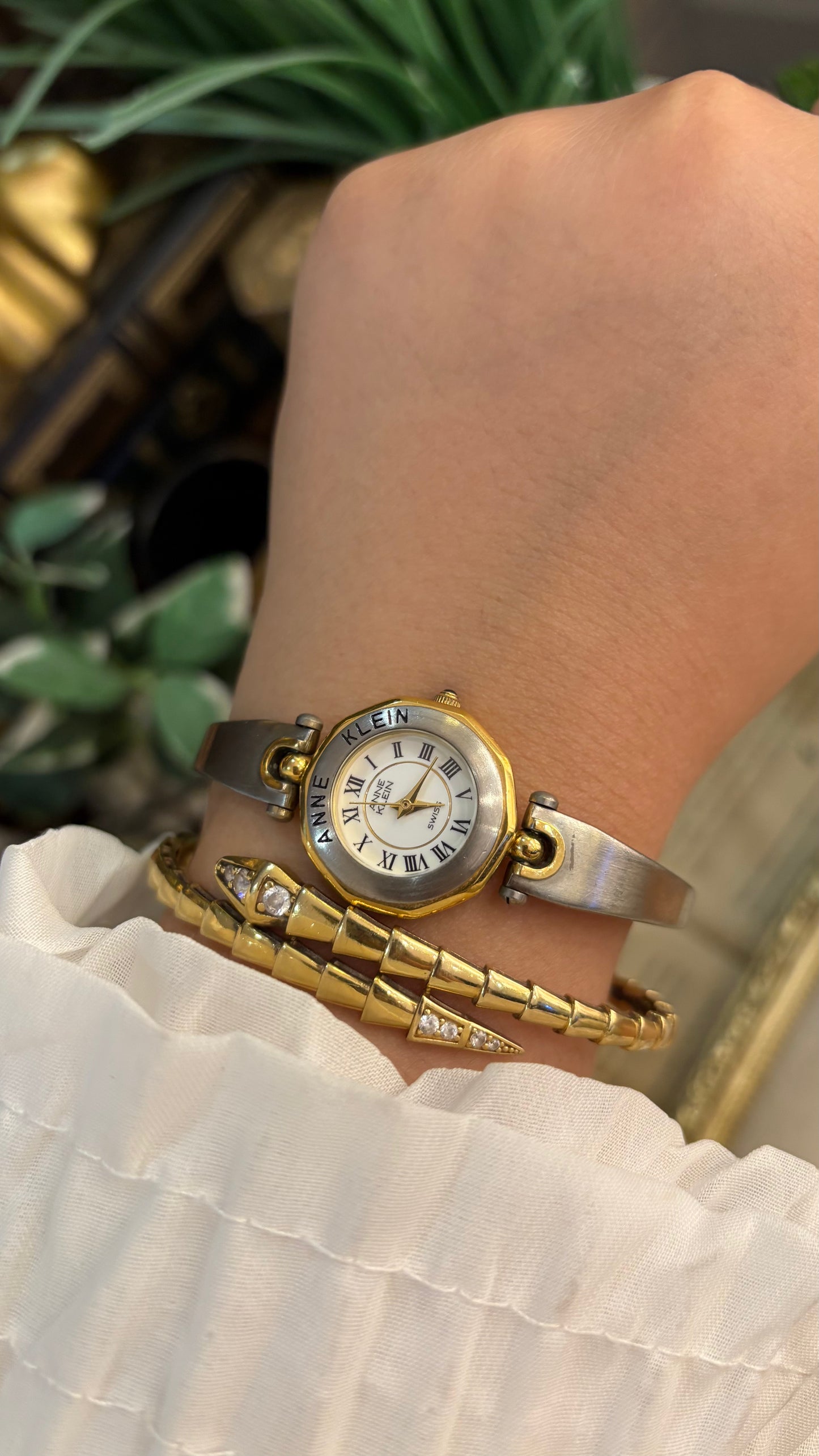 Rare Vintage Anne Klein Swiss Engraved Bezel Decagonal Dial in Two-Tone Quartz