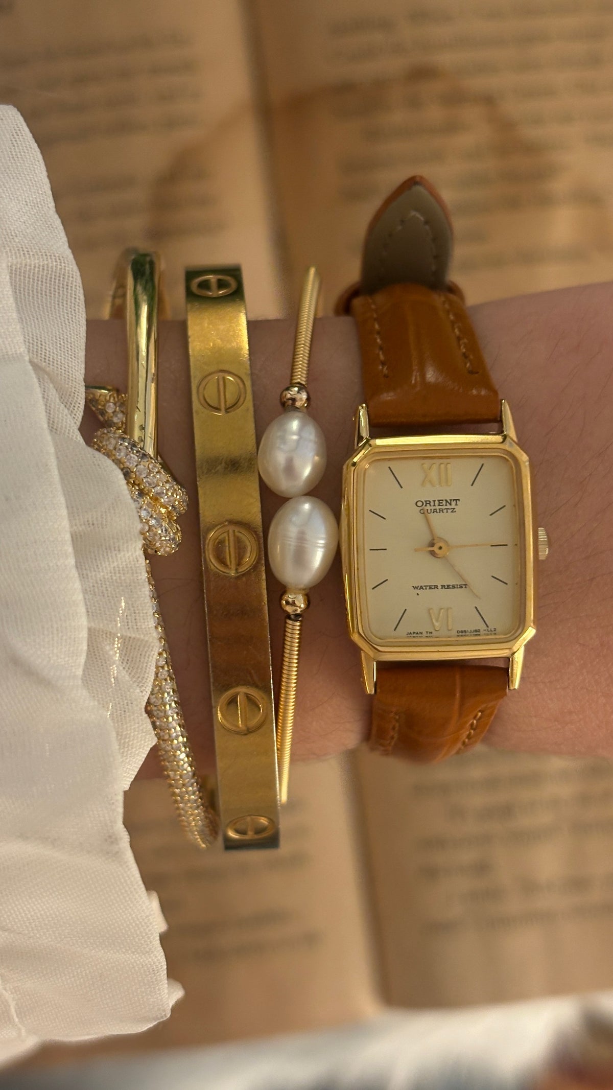 Vintage Orient Mini Tank Watch in Gold Tone Brown Leather Quartz