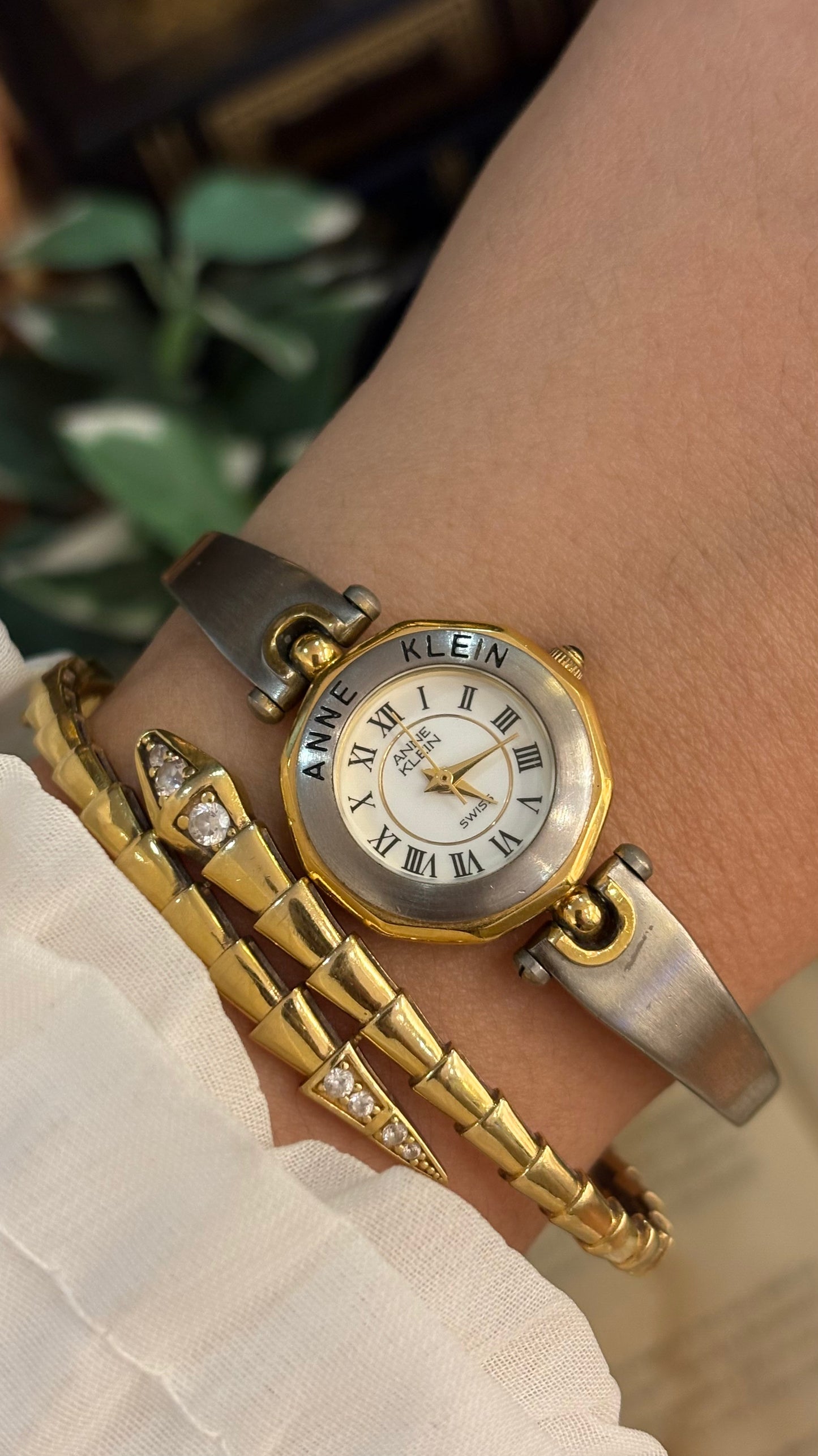 Rare Vintage Anne Klein Swiss Engraved Bezel Decagonal Dial in Two-Tone Quartz