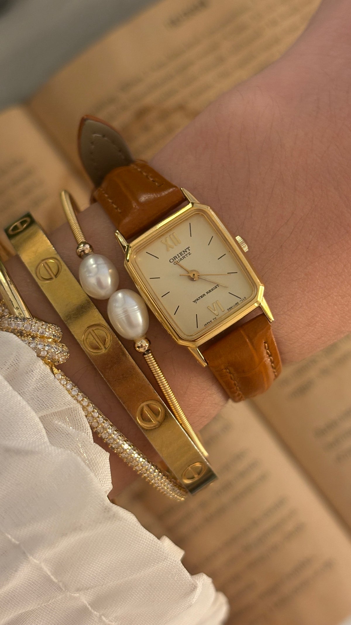 Vintage Orient Mini Tank Watch in Gold Tone Brown Leather Quartz