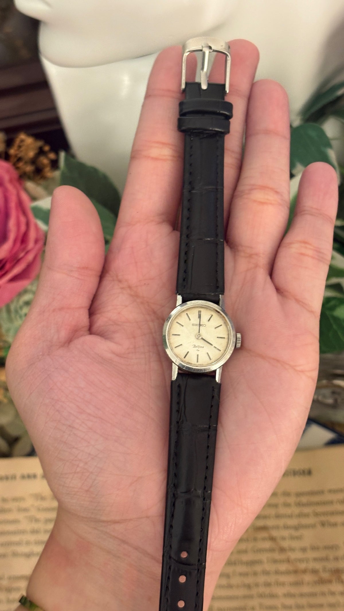 Rare Vintage Seiko Belfina Watch in Silver Tone Black Leather Quartz