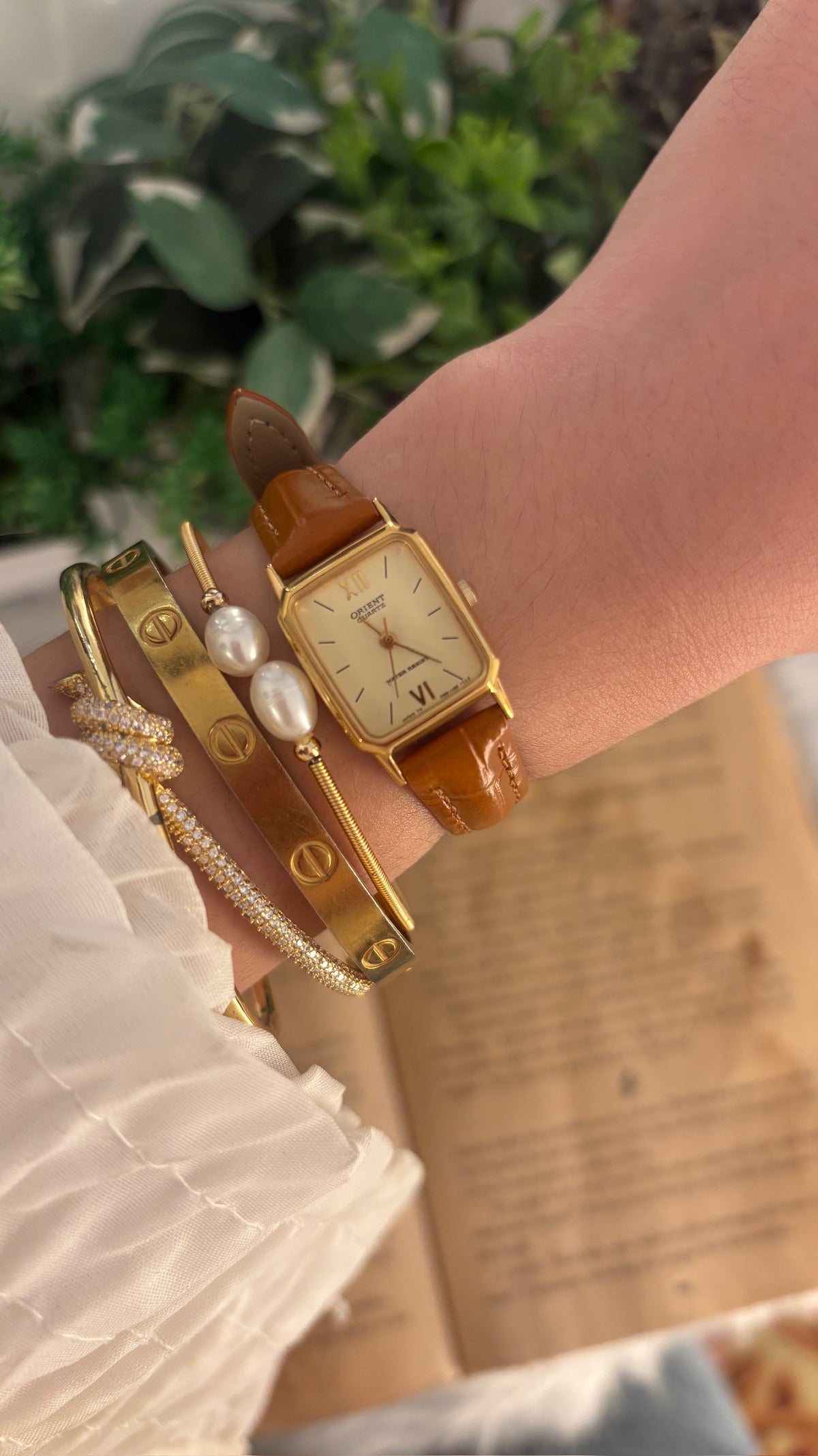 Vintage Orient Mini Tank Watch in Gold Tone Brown Leather Quartz