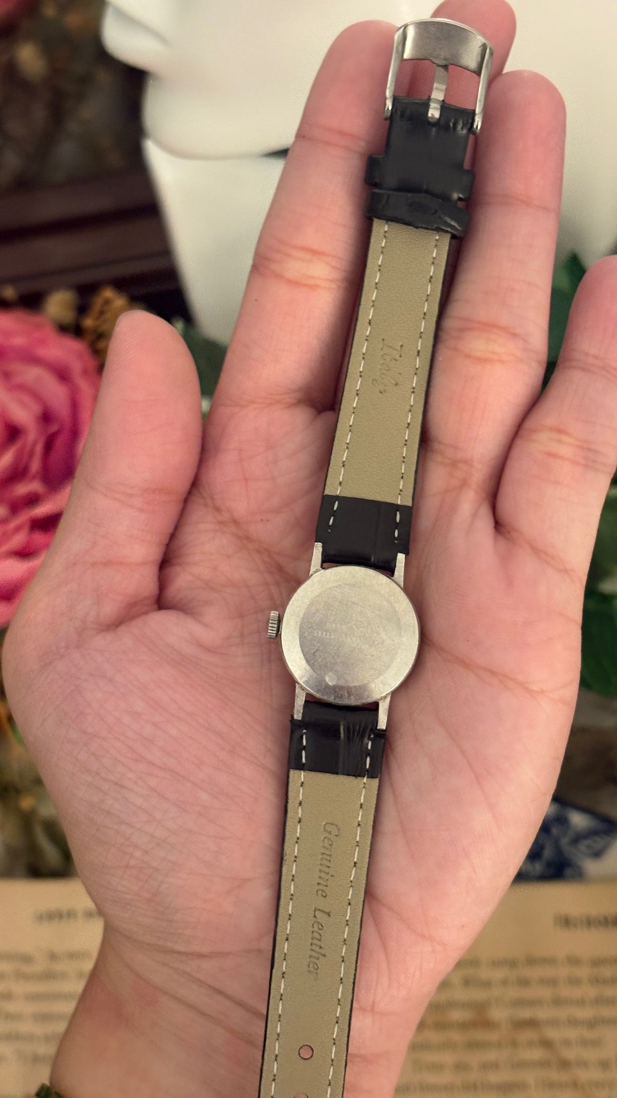 Rare Vintage Seiko Belfina Watch in Silver Tone Black Leather Quartz