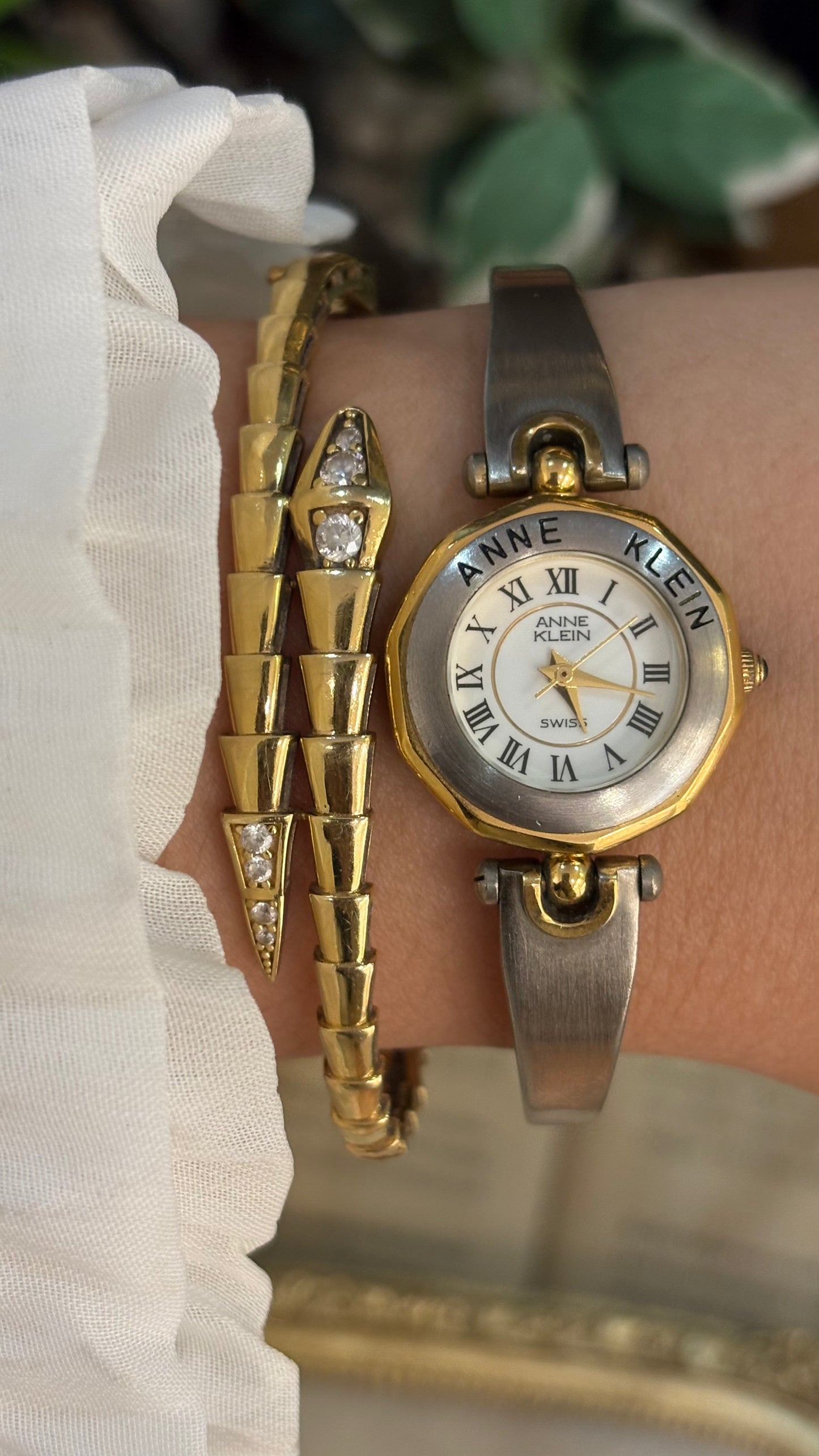 Rare Vintage Anne Klein Swiss Engraved Bezel Decagonal Dial in Two-Tone Quartz