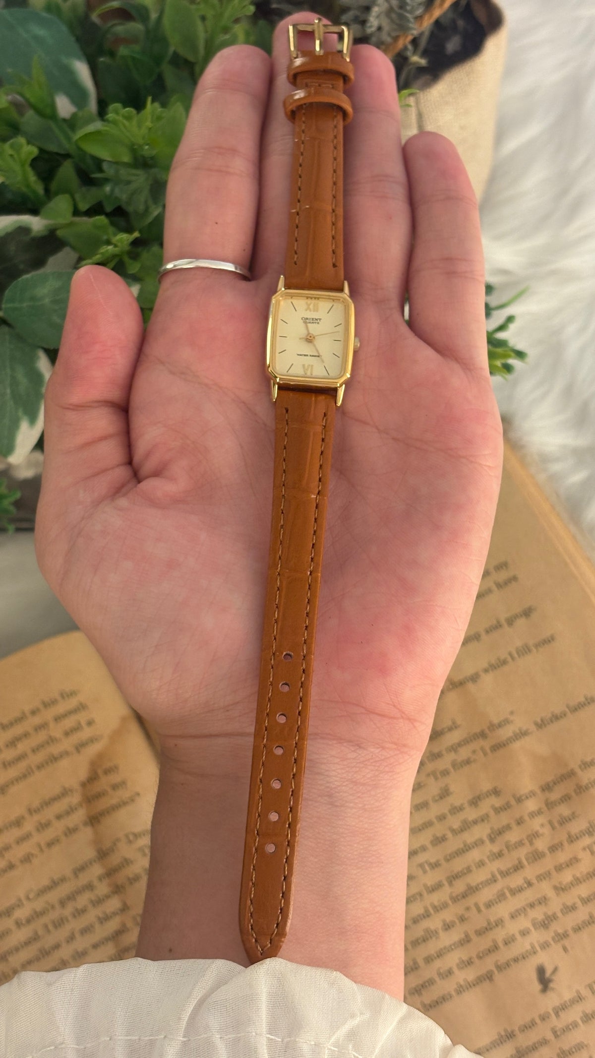 Vintage Orient Mini Tank Watch in Gold Tone Brown Leather Quartz