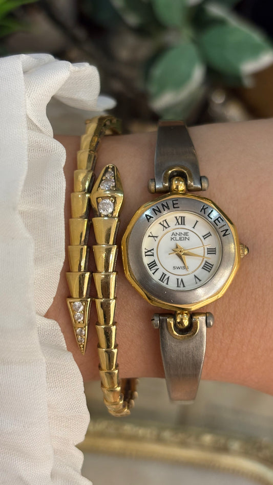 Rare Vintage Anne Klein Swiss Engraved Bezel Decagonal Dial in Two-Tone Quartz