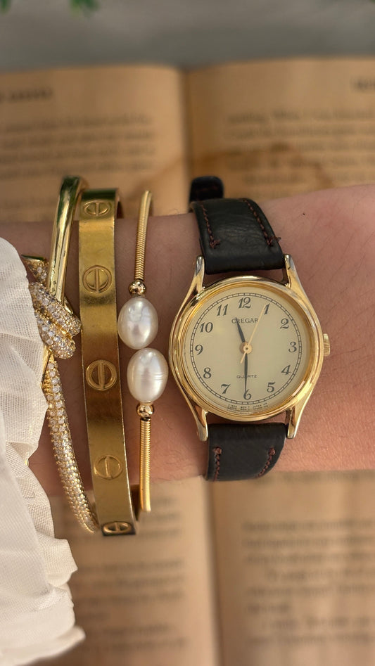 Vintage Cregar Classic Watch in Gold Tone Brown Leather Quartz