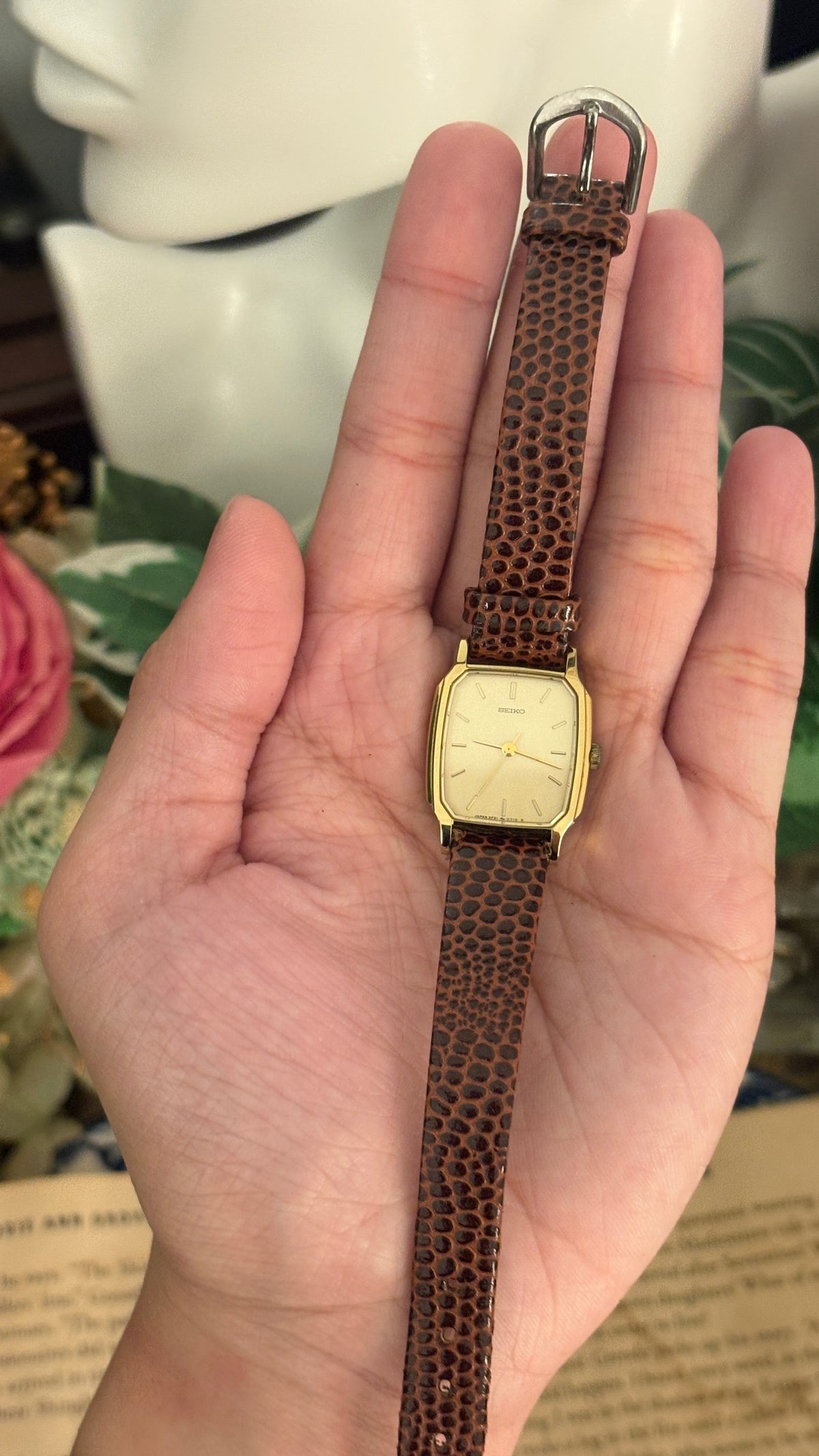Vintage Seiko Tank Watch in Gold Tone Brown Leather Quartz