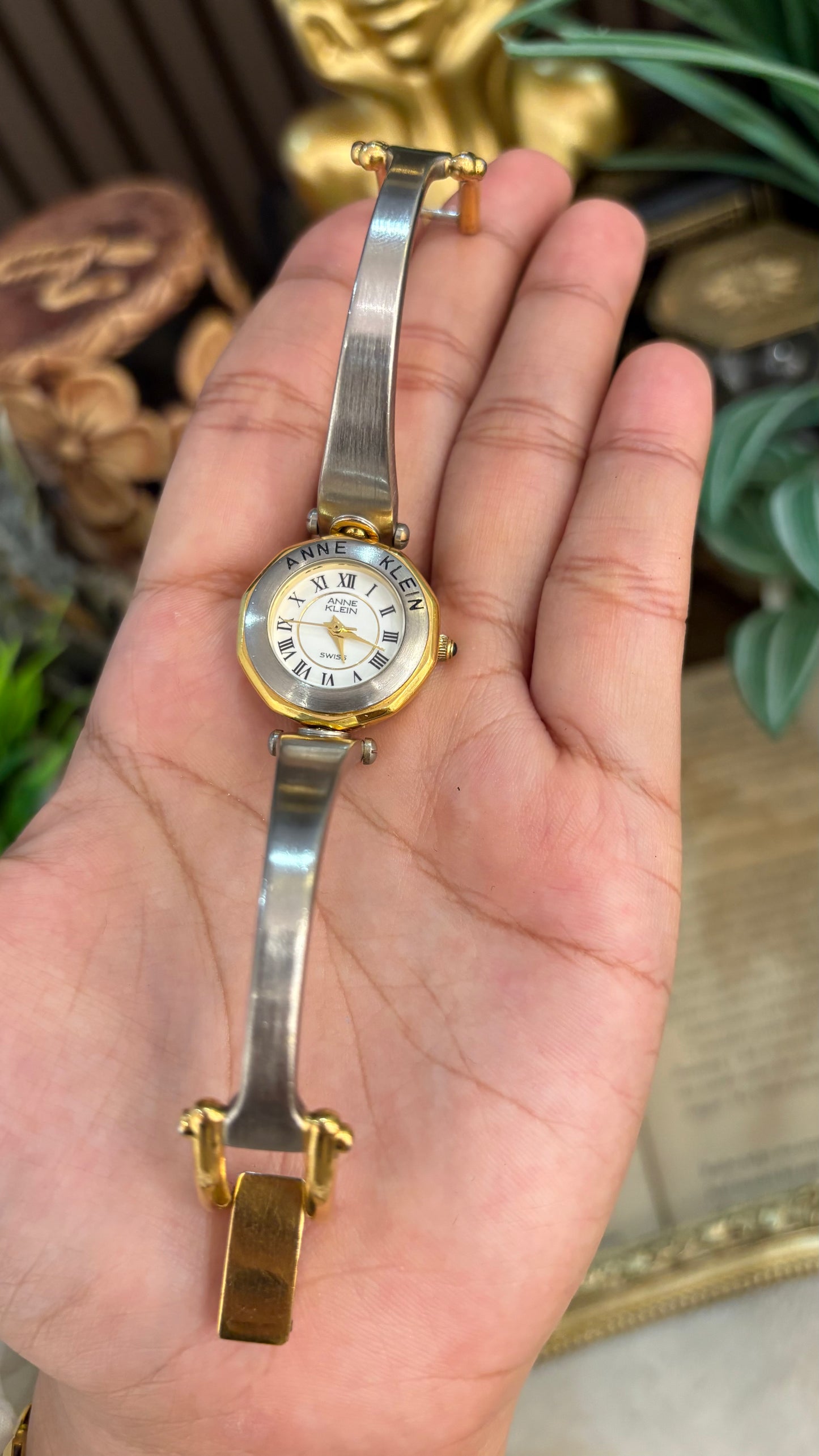 Rare Vintage Anne Klein Swiss Engraved Bezel Decagonal Dial in Two-Tone Quartz