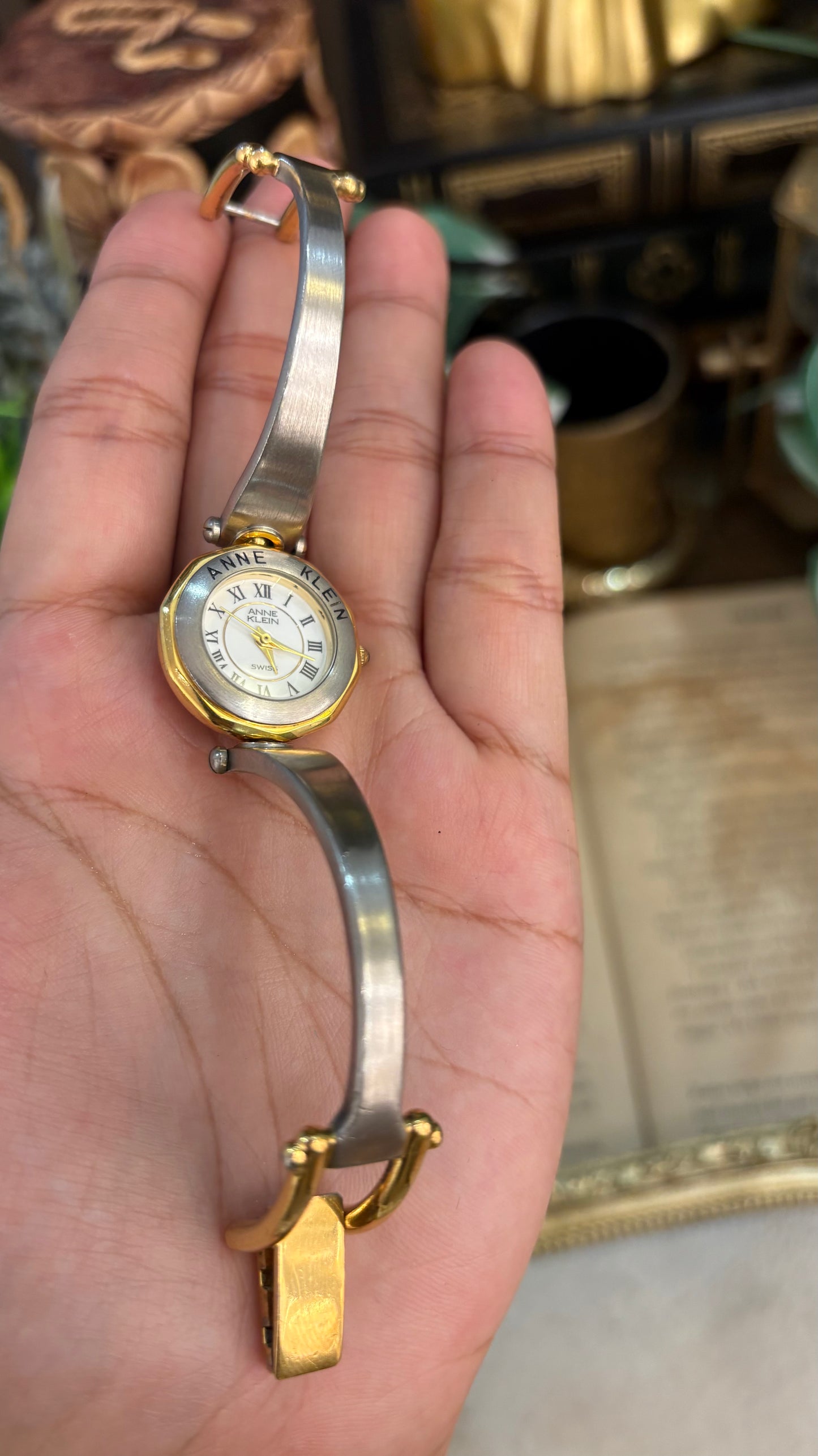 Rare Vintage Anne Klein Swiss Engraved Bezel Decagonal Dial in Two-Tone Quartz