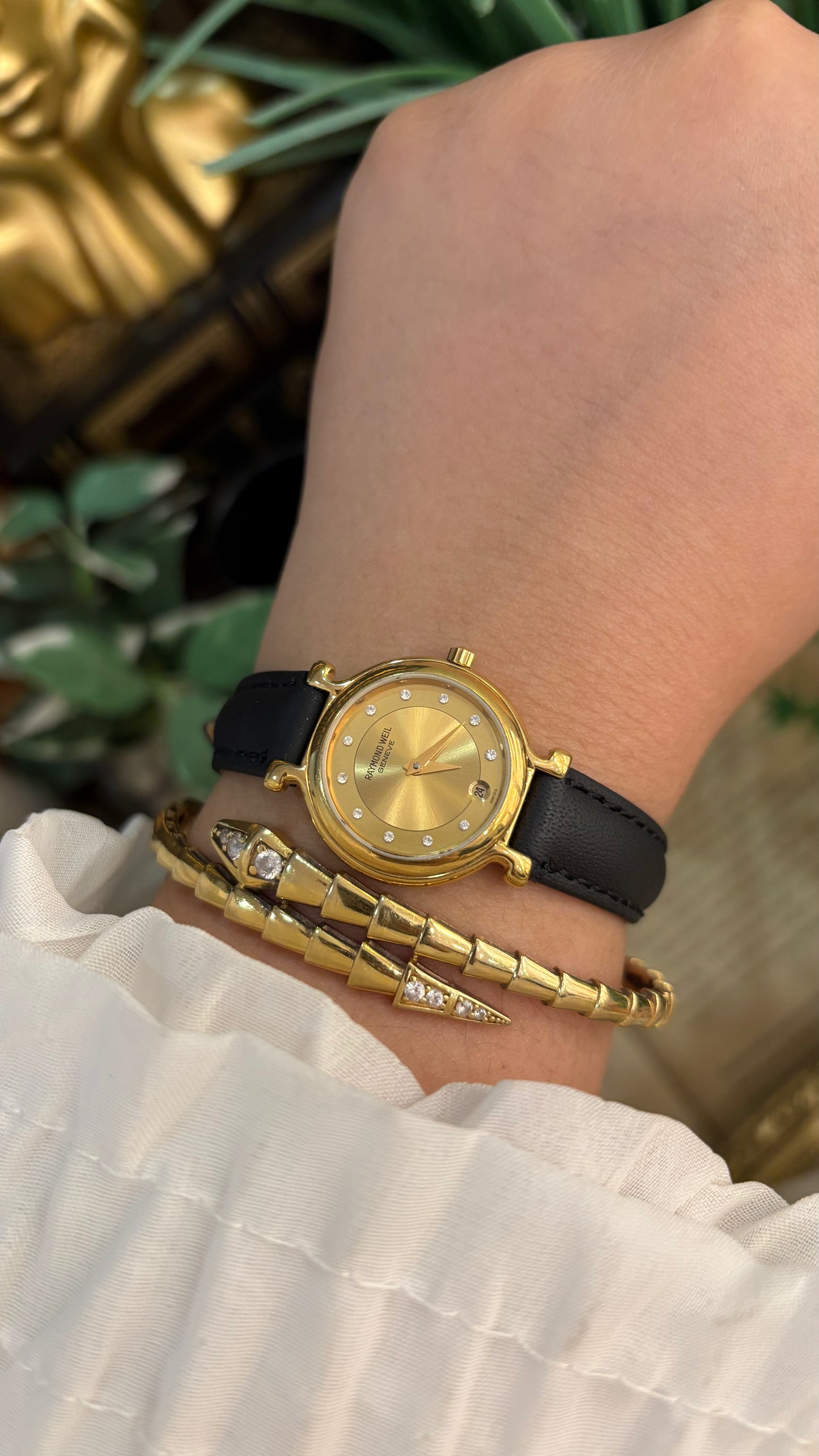 Vintage Raymond Weil Swiss Rhinestone Indices with Date Window Watch in 18K Gold Electroplated Black Leather Quartz