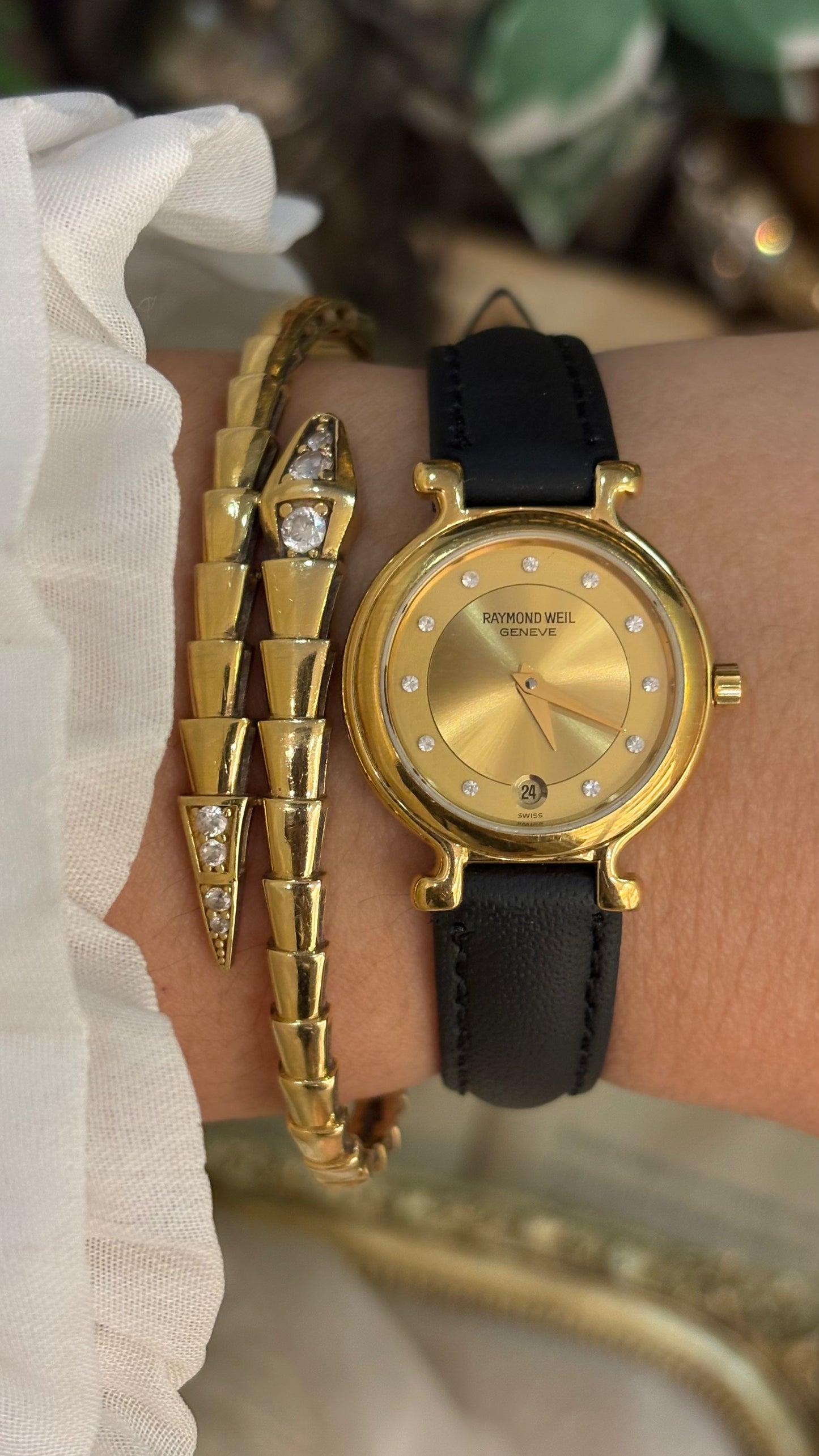 Vintage Raymond Weil Swiss Rhinestone Indices with Date Window Watch in 18K Gold Electroplated Black Leather Quartz