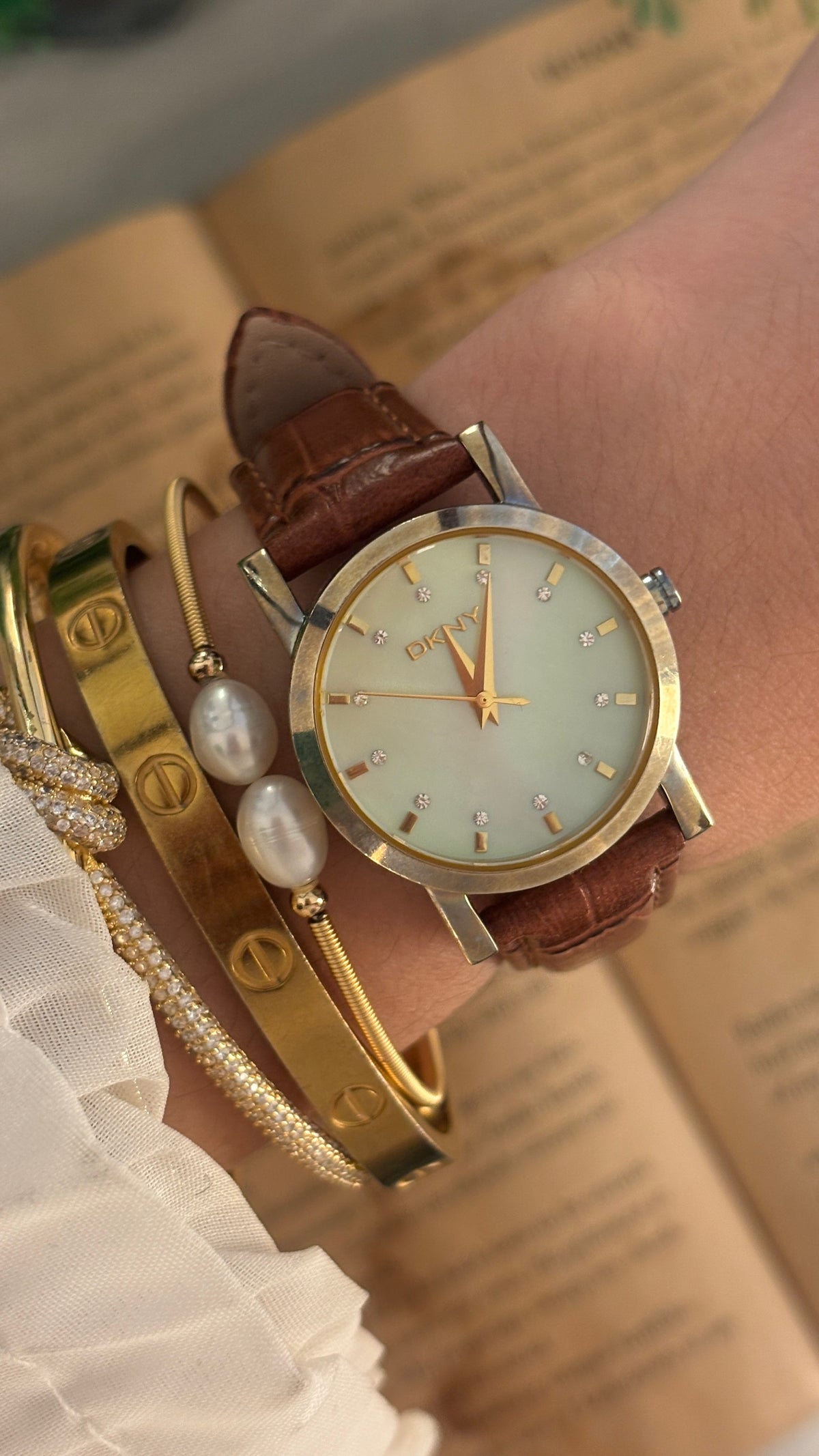 Vintage DKNY Mother of Pearl Dial Watch in Gold Tone Brown Leather Quartz