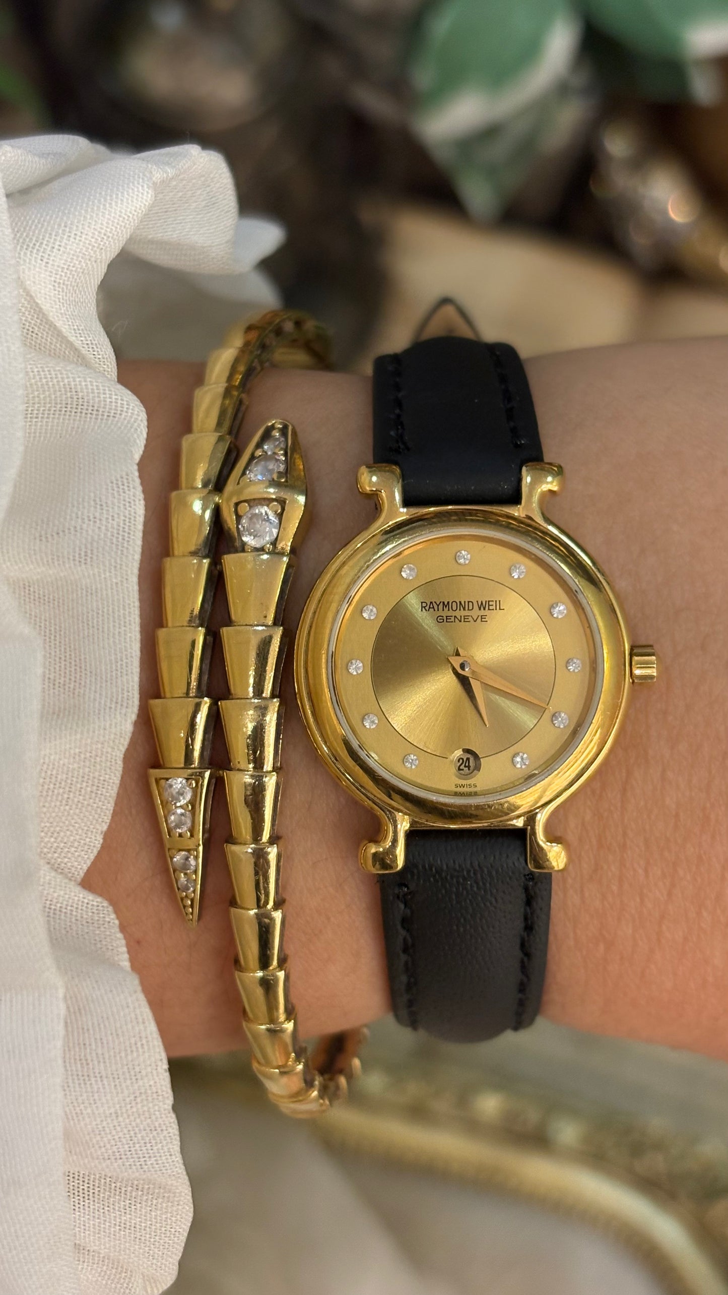 Vintage Raymond Weil Swiss Rhinestone Indices with Date Window Watch in 18K Gold Electroplated Black Leather Quartz