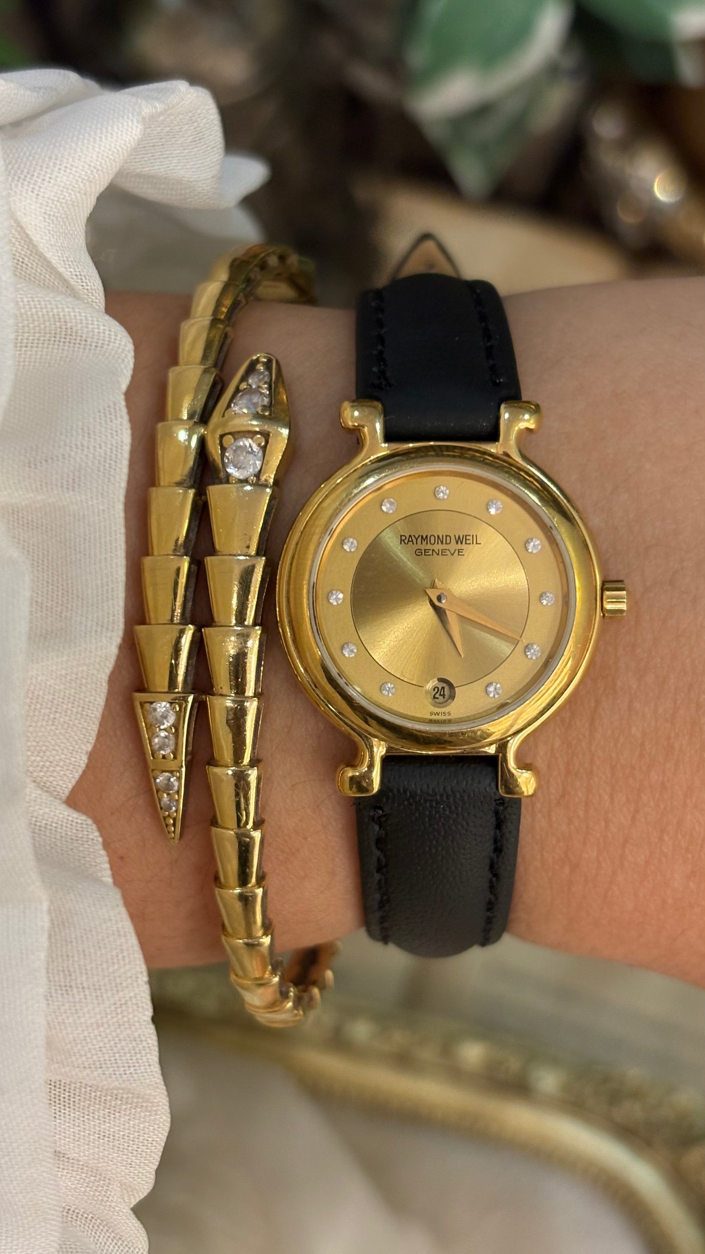 Vintage Raymond Weil Swiss Rhinestone Indices with Date Window Watch in 18K Gold Electroplated Black Leather Quartz