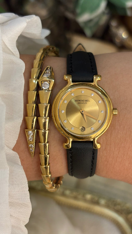 Vintage Raymond Weil Swiss Rhinestone Indices with Date Window Watch in 18K Gold Electroplated Black Leather Quartz