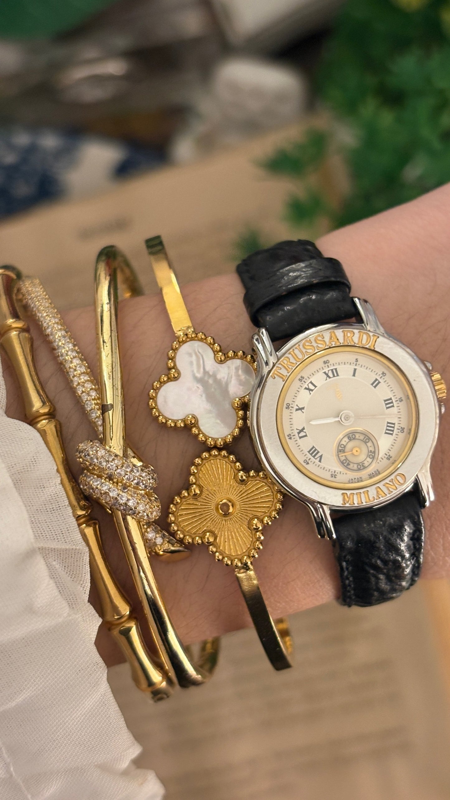 Rare Vintage Trussardi Milano Chrono Seconds Watch in Two-Tone Black Leather Quartz