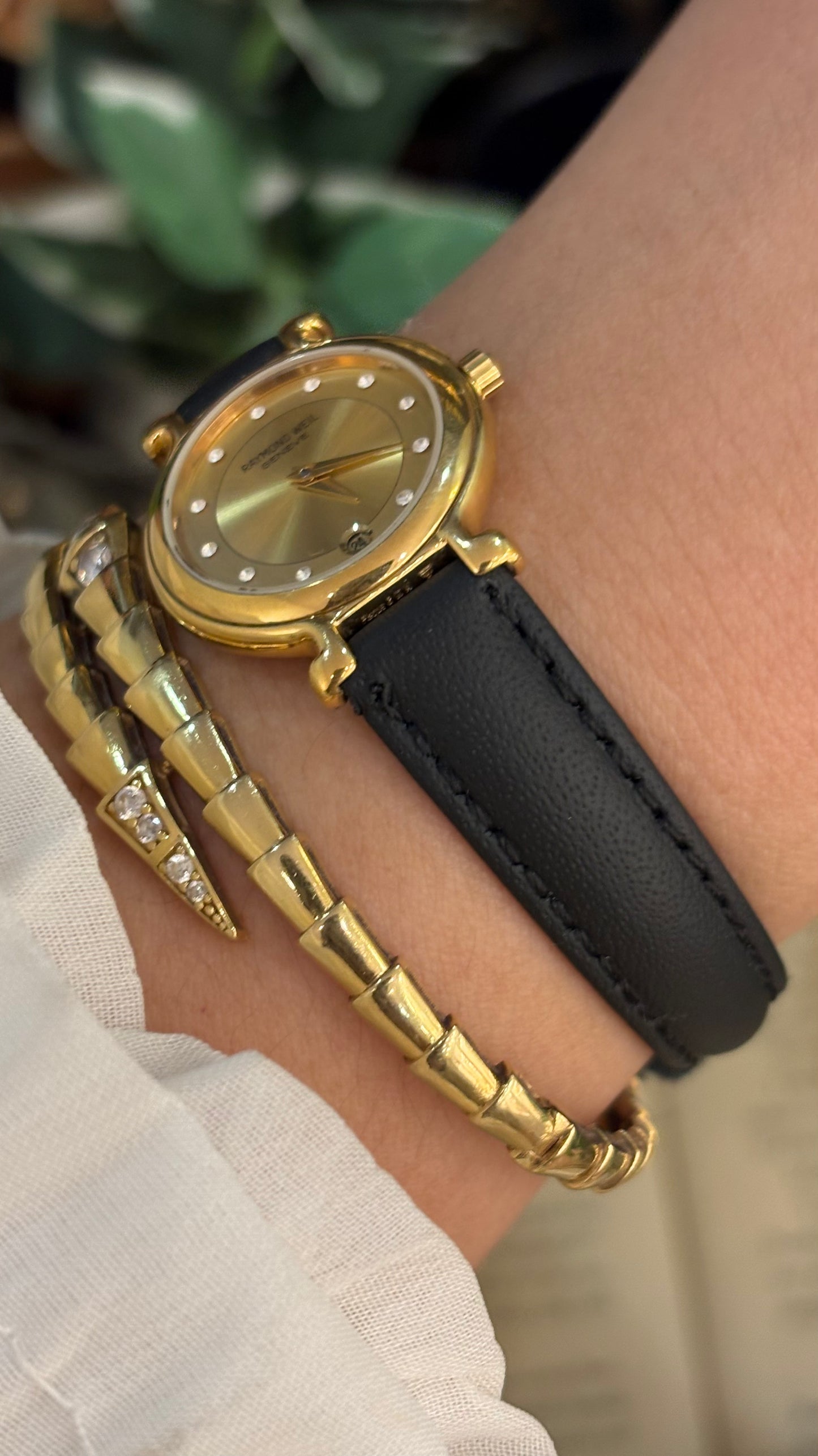 Vintage Raymond Weil Swiss Rhinestone Indices with Date Window Watch in 18K Gold Electroplated Black Leather Quartz