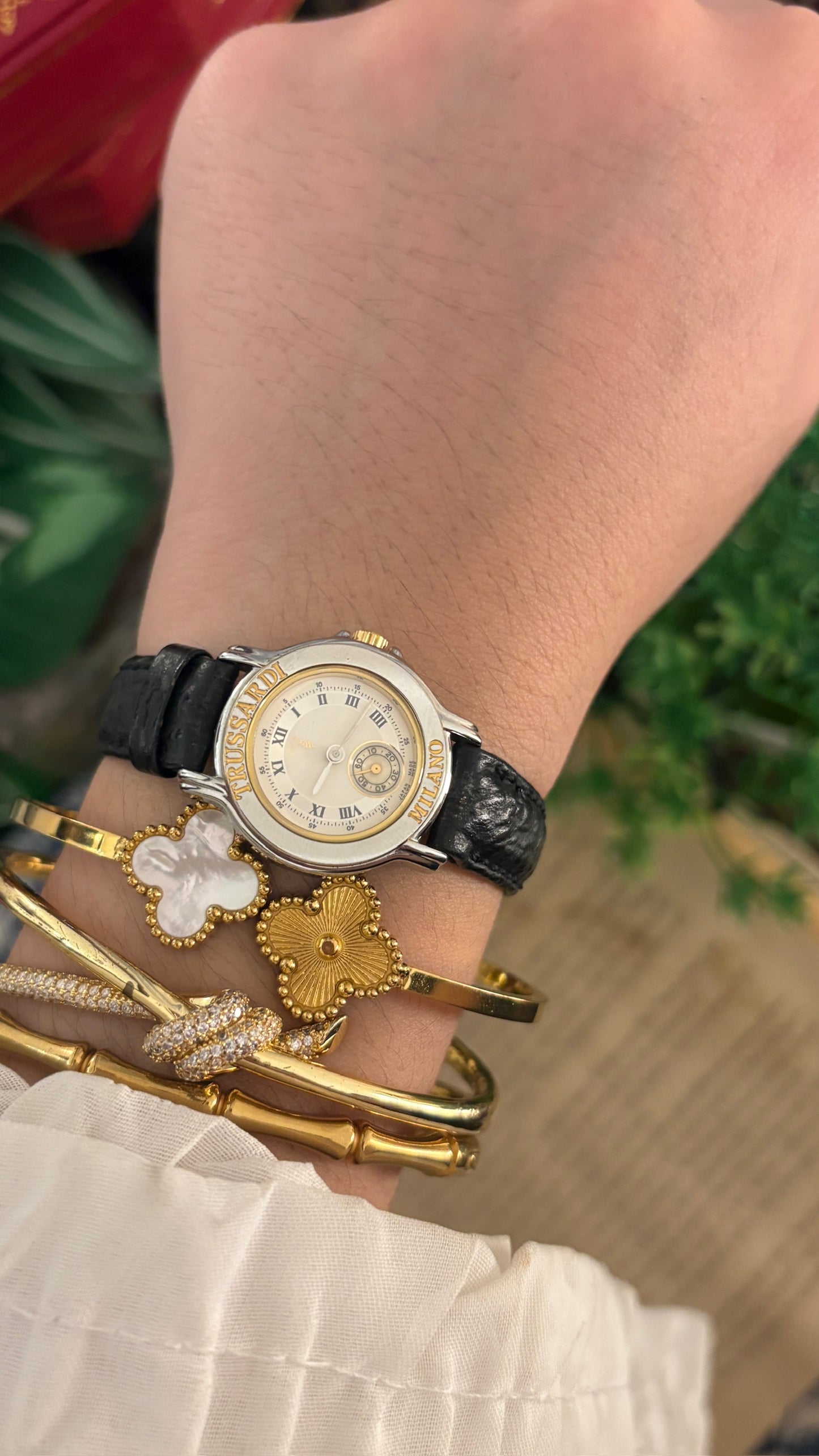 Rare Vintage Trussardi Milano Chrono Seconds Watch in Two-Tone Black Leather Quartz