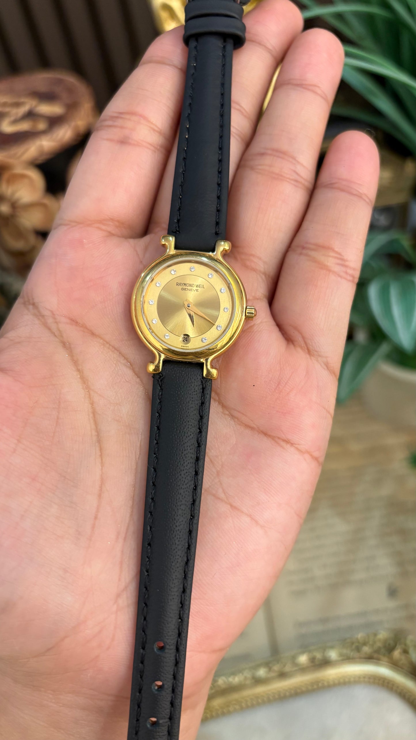 Vintage Raymond Weil Swiss Rhinestone Indices with Date Window Watch in 18K Gold Electroplated Black Leather Quartz