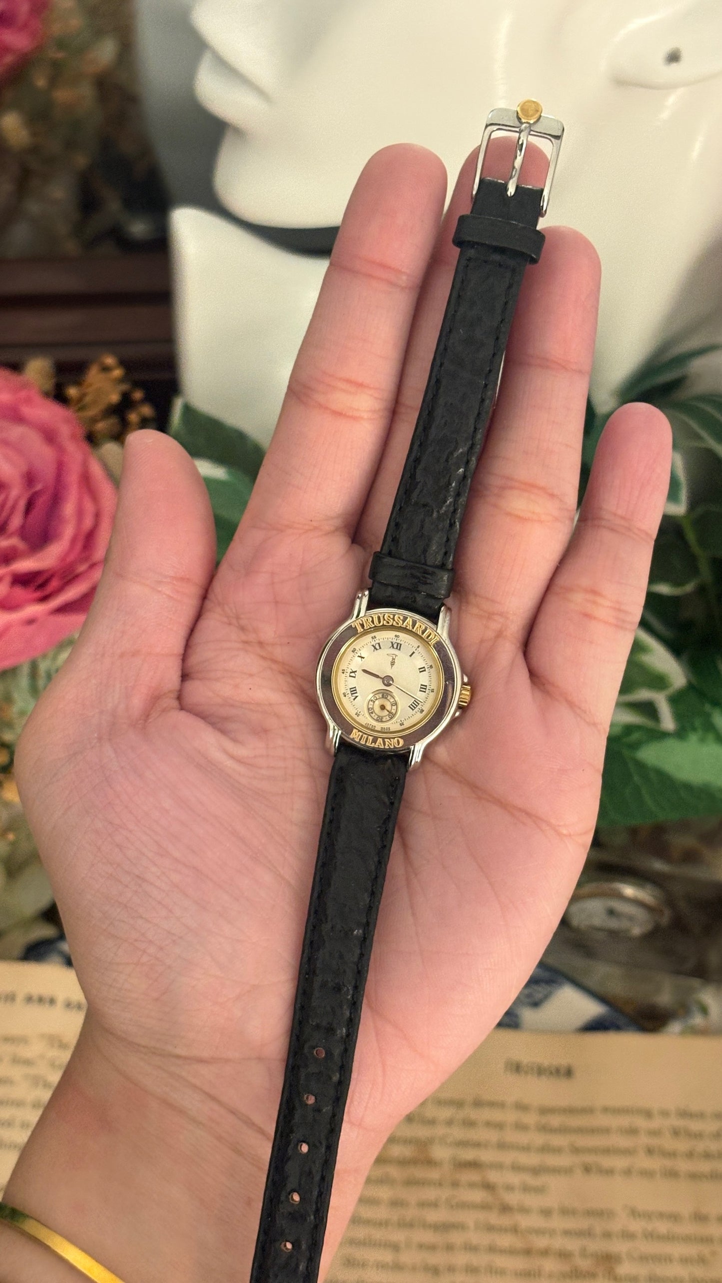 Rare Vintage Trussardi Milano Chrono Seconds Watch in Two-Tone Black Leather Quartz