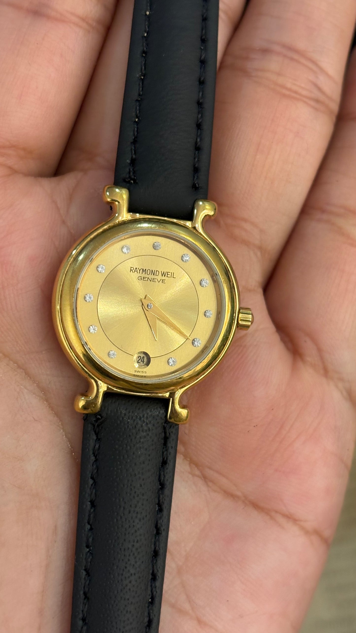 Vintage Raymond Weil Swiss Rhinestone Indices with Date Window Watch in 18K Gold Electroplated Black Leather Quartz