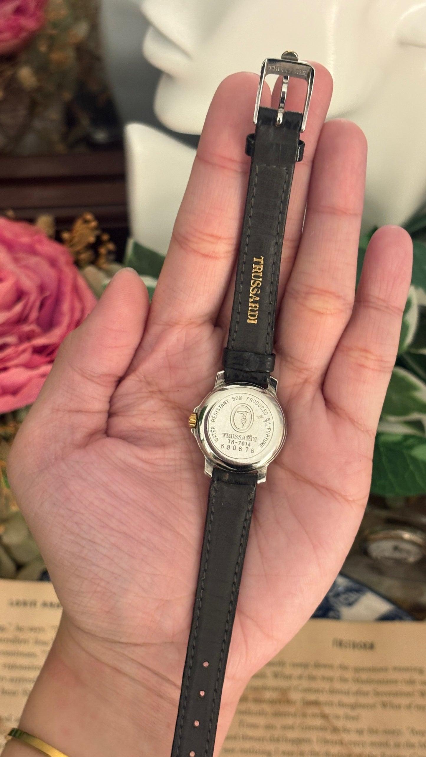 Rare Vintage Trussardi Milano Chrono Seconds Watch in Two-Tone Black Leather Quartz