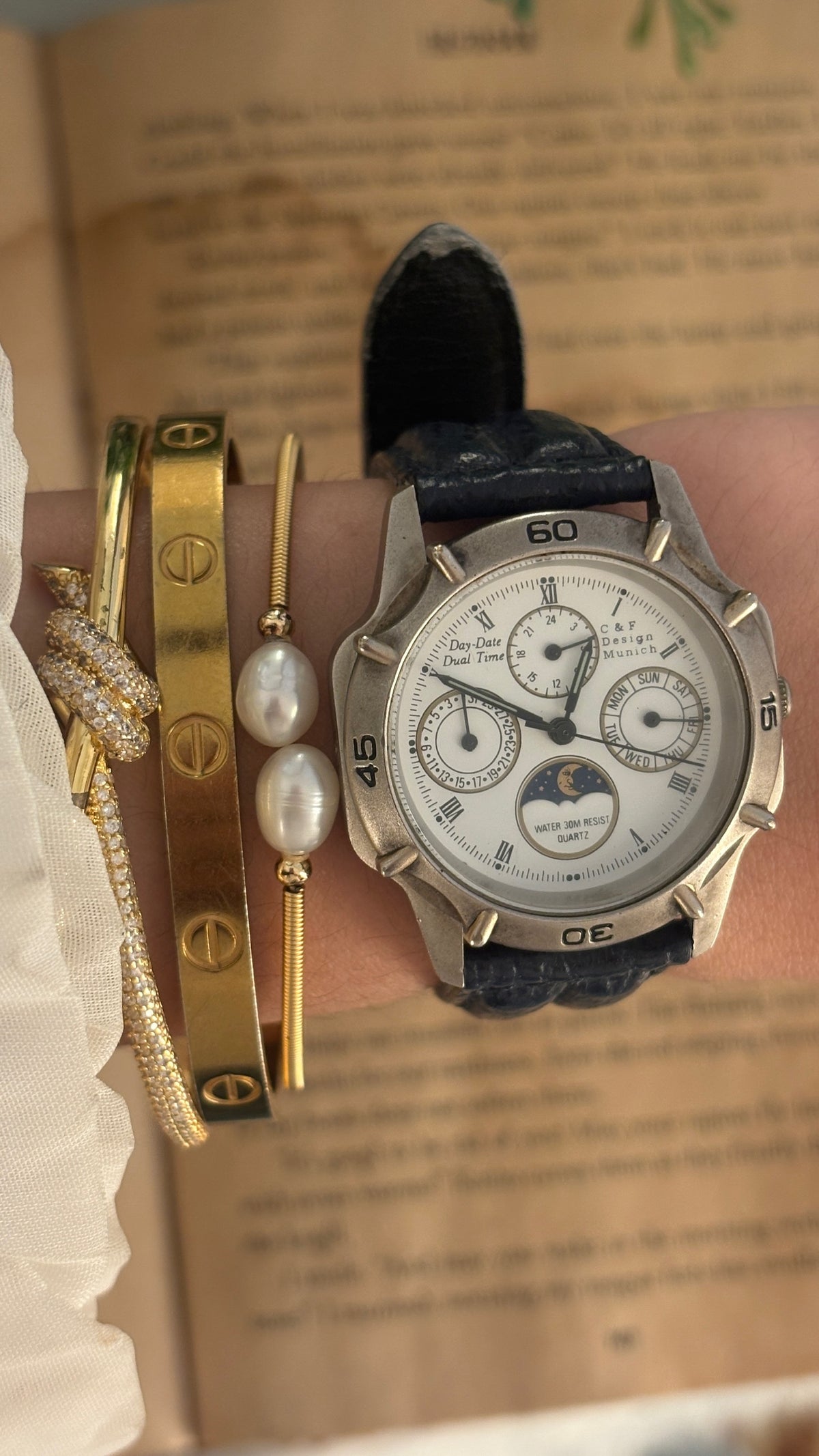Rare Vintage C&F Moonphase Chronograph Mens Watch in Silver Tone Black Leather Quartz