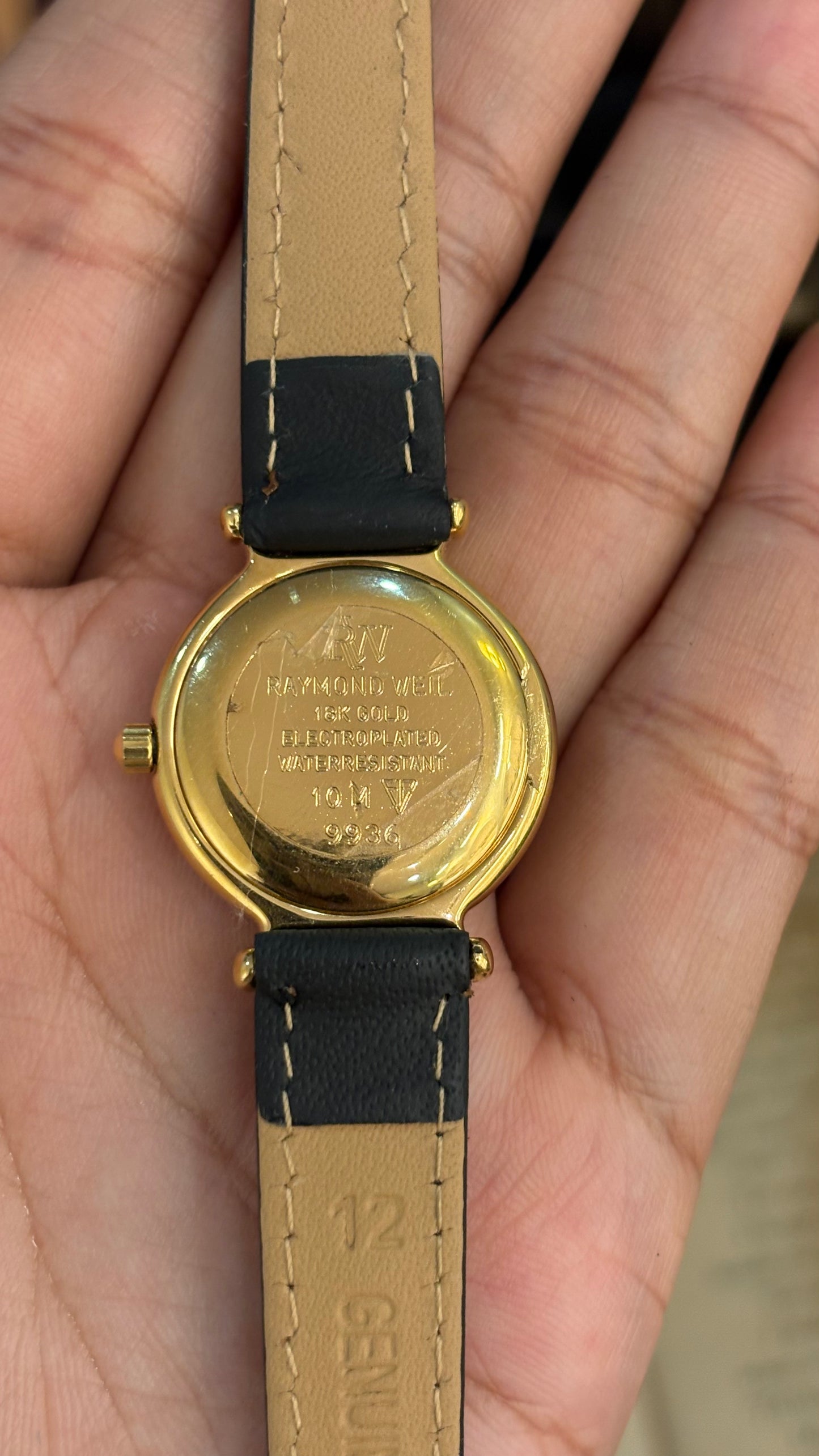 Vintage Raymond Weil Swiss Rhinestone Indices with Date Window Watch in 18K Gold Electroplated Black Leather Quartz