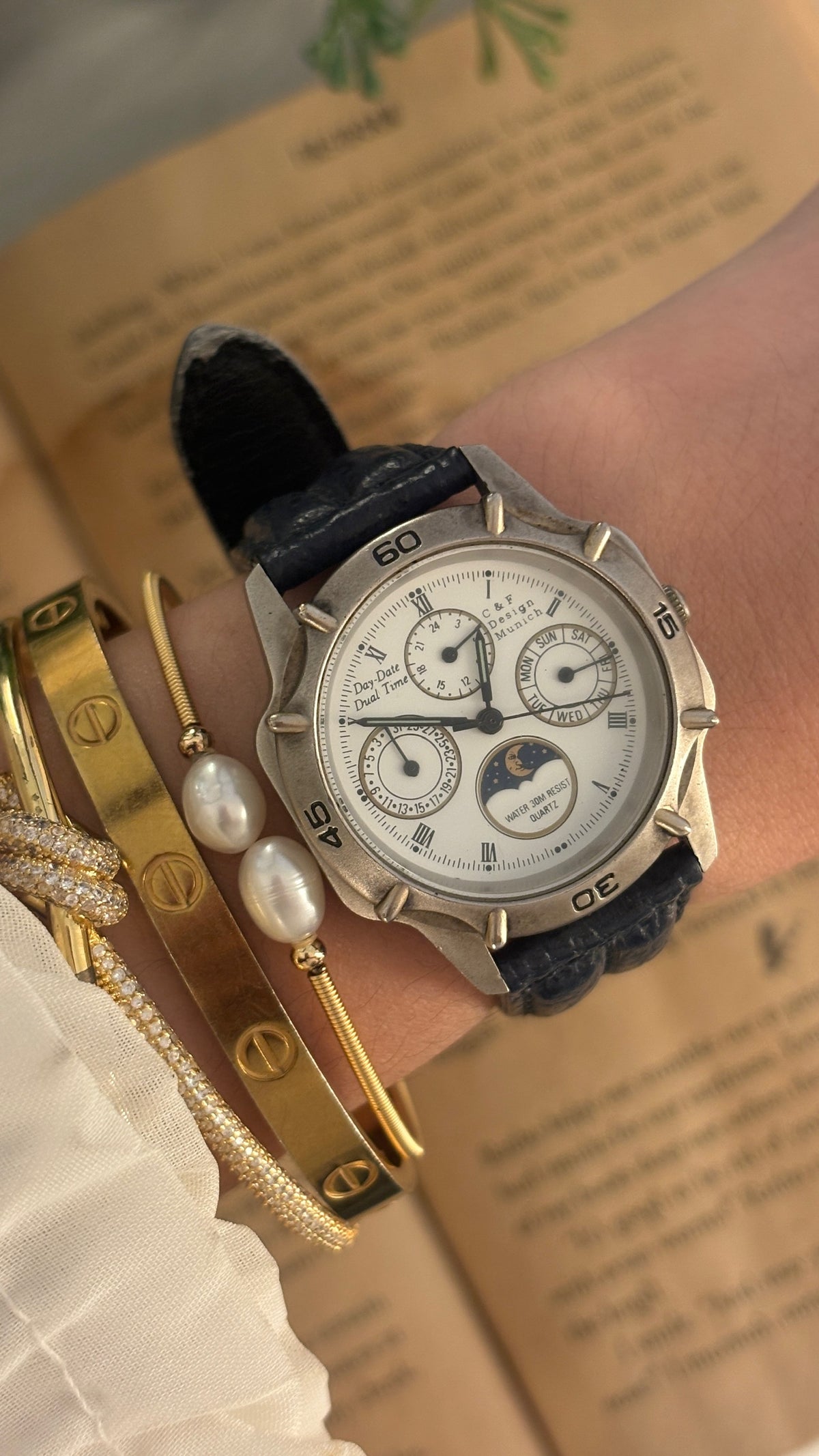 Rare Vintage C&F Moonphase Chronograph Mens Watch in Silver Tone Black Leather Quartz