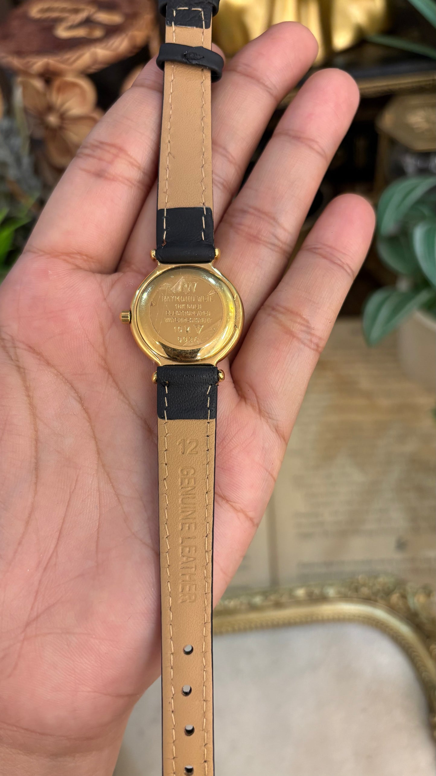 Vintage Raymond Weil Swiss Rhinestone Indices with Date Window Watch in 18K Gold Electroplated Black Leather Quartz