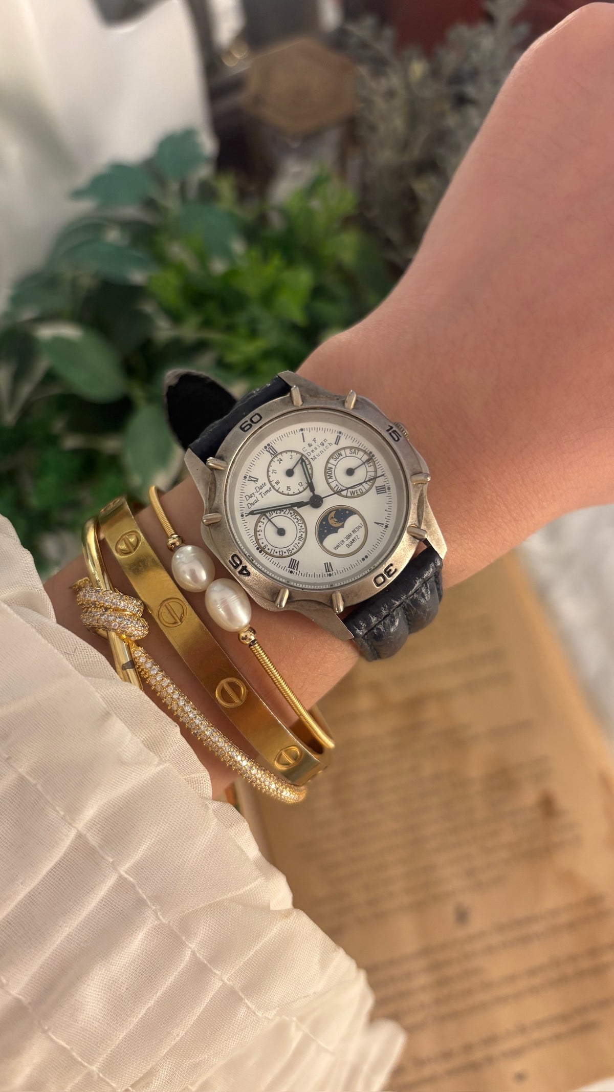 Rare Vintage C&F Moonphase Chronograph Mens Watch in Silver Tone Black Leather Quartz