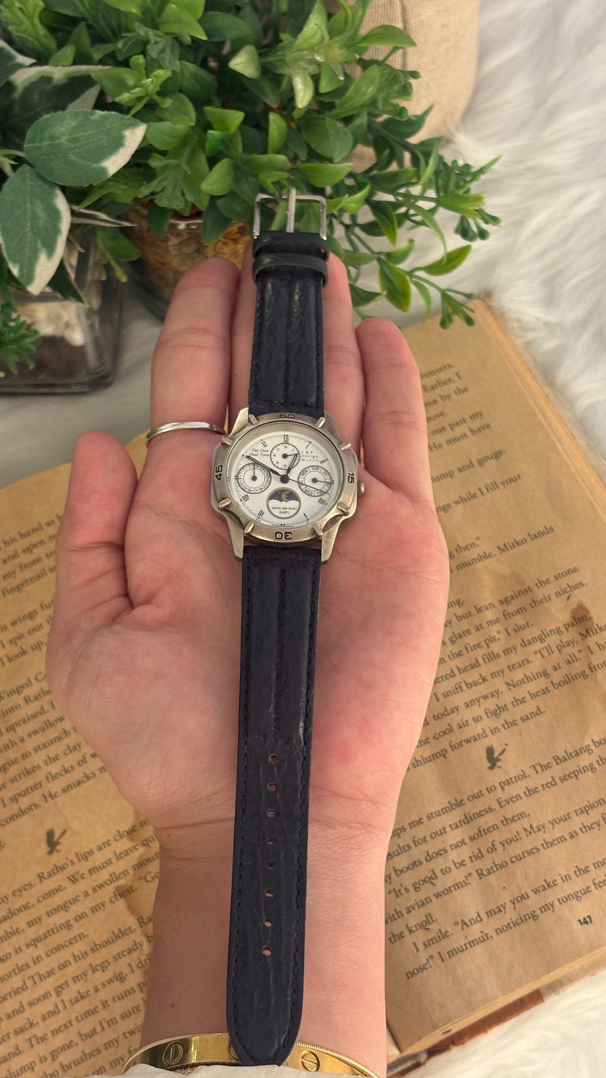 Rare Vintage C&F Moonphase Chronograph Mens Watch in Silver Tone Black Leather Quartz