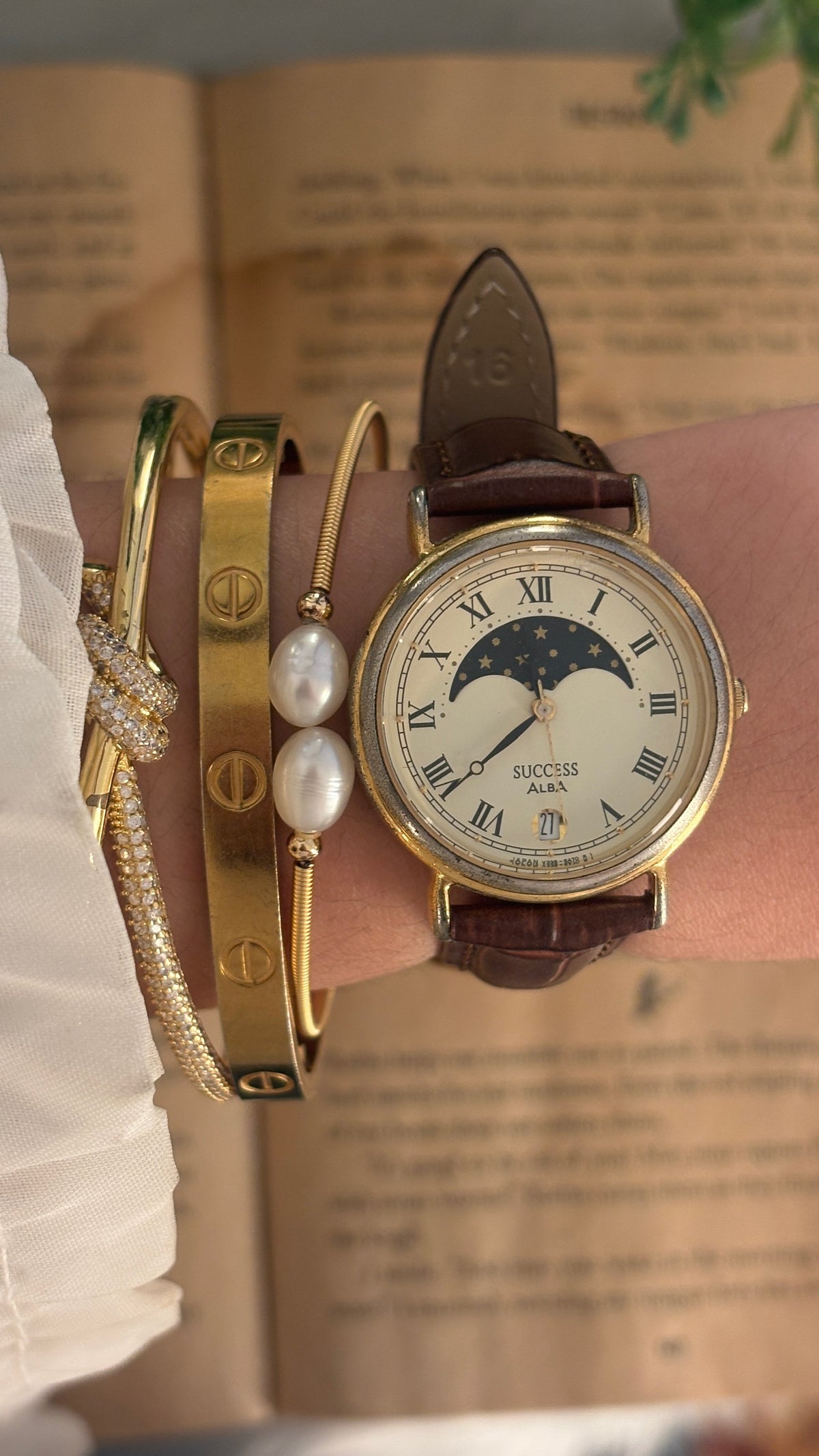 Rare Vintage Success Alba Seiko Moonphase Watch in Gold Tone Brown Leather Quartz