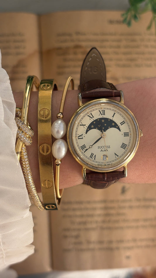 Rare Vintage Success Alba Seiko Moonphase Watch in Gold Tone Brown Leather Quartz
